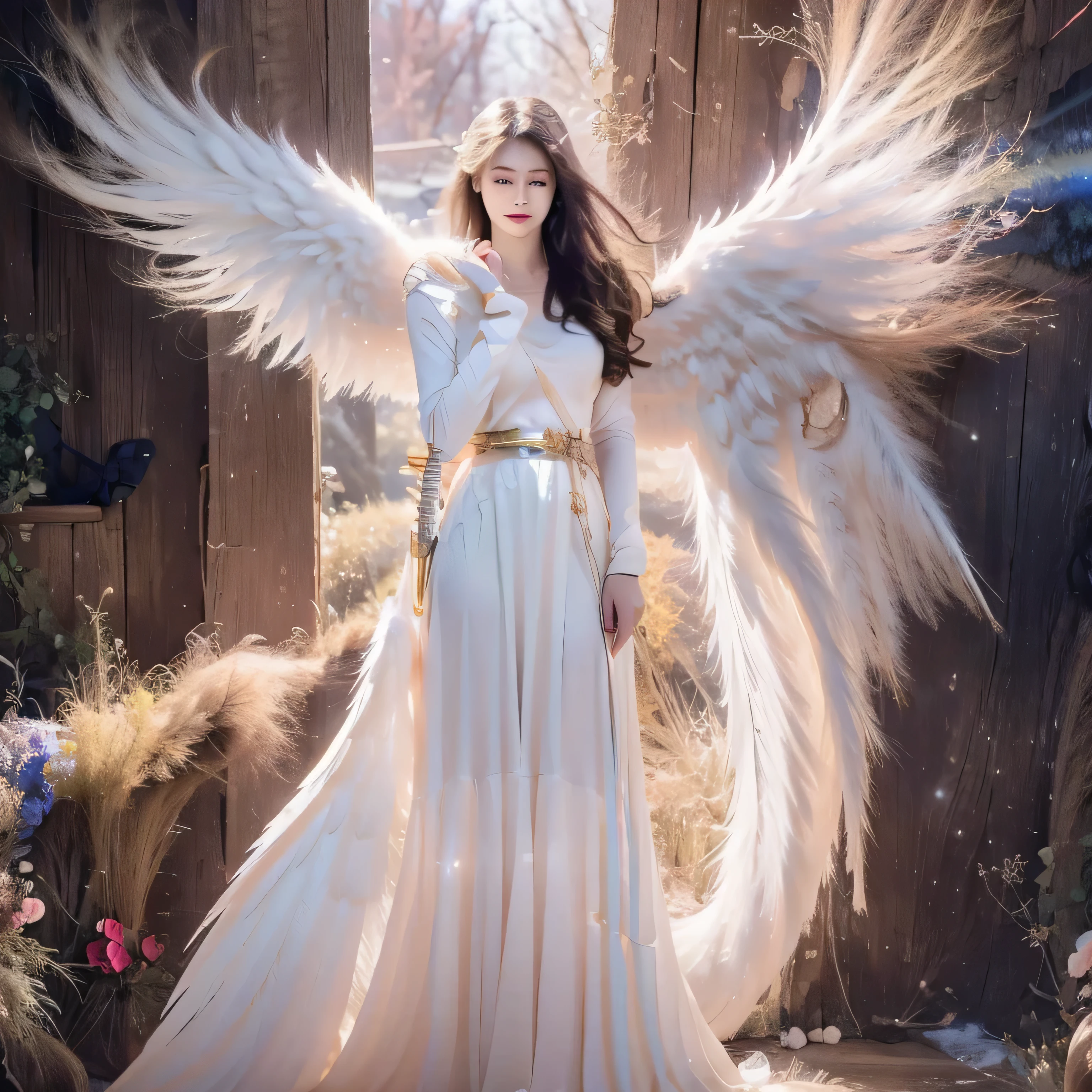 Cartoon image of woman holding sword and wings,angelic,Goddess of Light, angel knight girl,archangel, mystical valkyrie,Seraphim, dawn light angel,anime women,beautiful eyes,8k,best quality