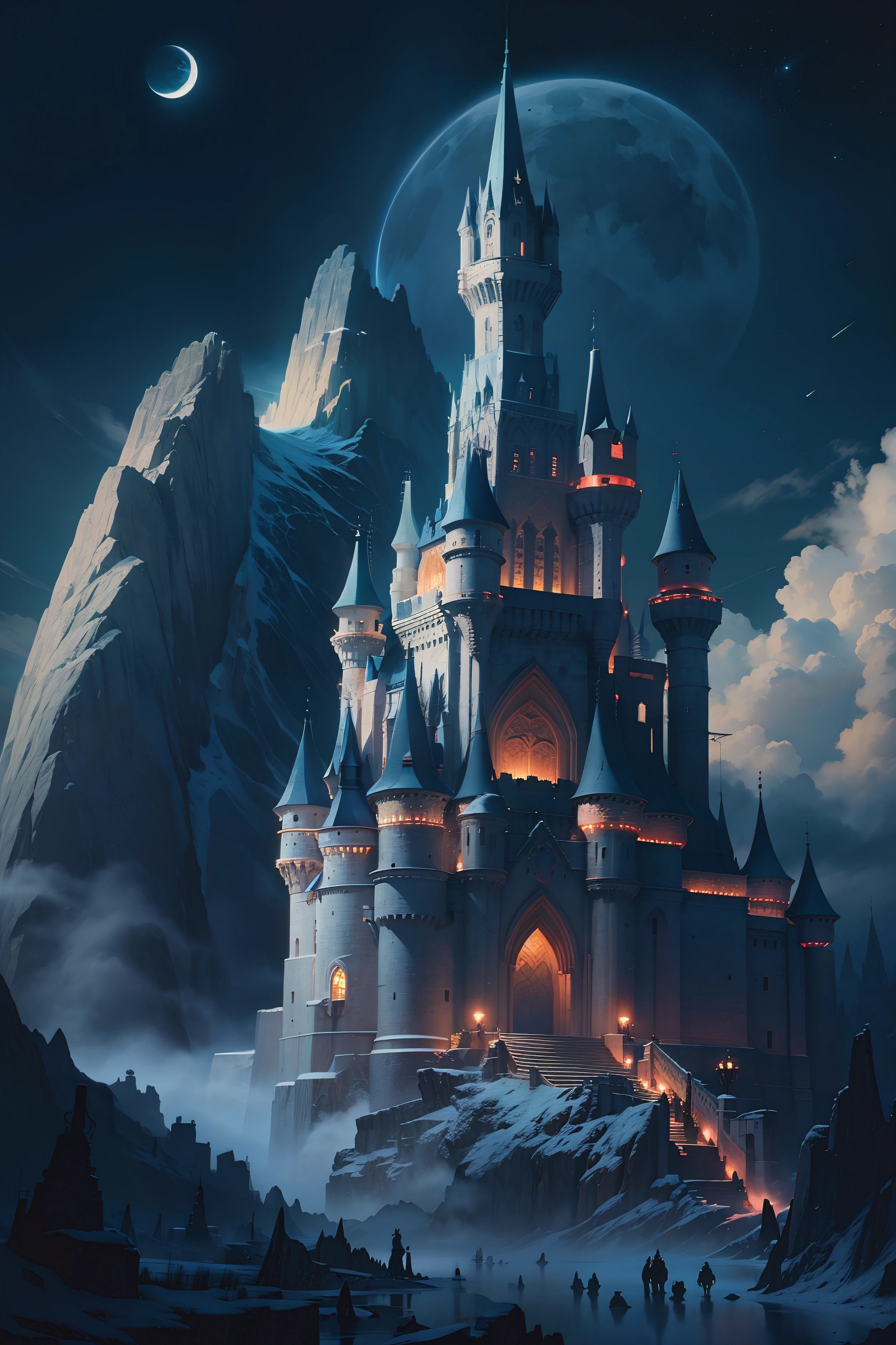 the night, Huge castle on the hill, Frozen castle, A huge castle covers the entire mountain, Magic Guard Tower,( salama:1.2),(Epic Castle:1.3), (huge castle:1.3)fanciful, waterfallr, rios, large scene, Epic scenes, huge castle, A huge moon in the sky, wide angles, photography of, Ultra photo realsisim, macro photograph, Award-Awarded, Cinematic lighting, Atmospheric perspective, 8K, Super detail, ccurate, Best quality, Textured skin, High details
