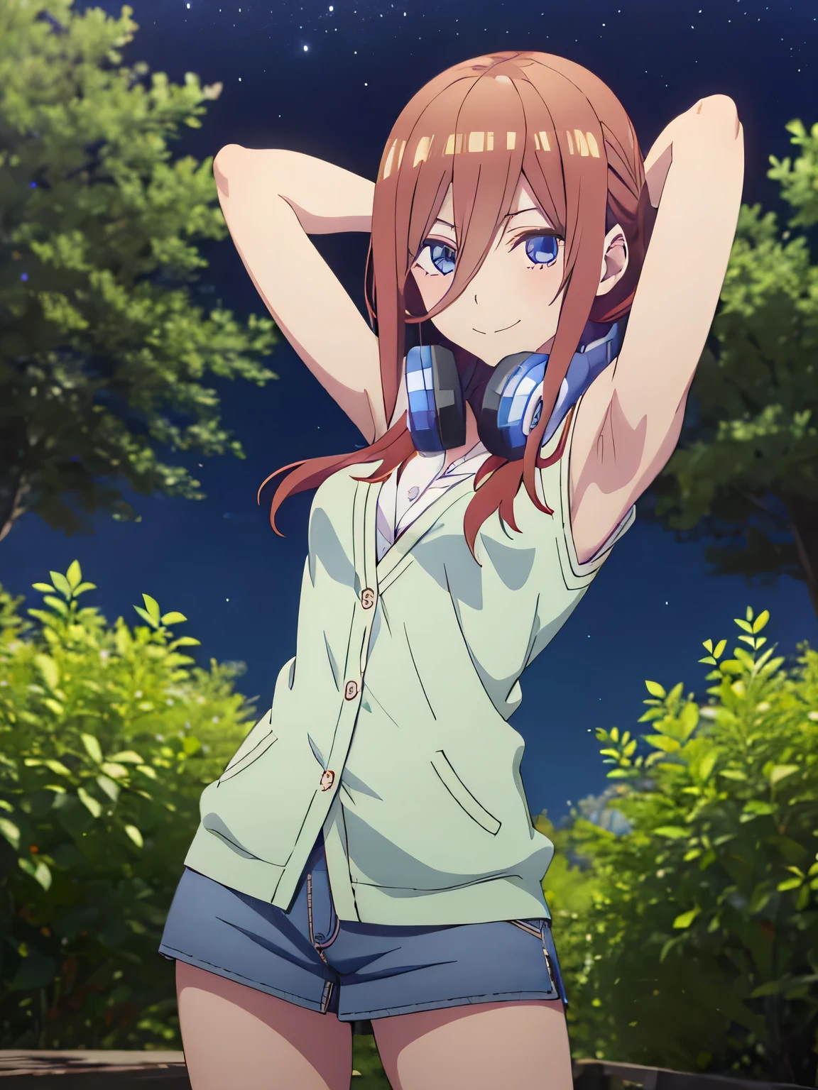 solo, 1girl, looking at viewer, 2D, anime, anime coloring, high quality, closed mouth, solo, cowboy shot, night sky, forest, arms behind head, contrapposto, shy smile, spread armpits, miku nakano, cardigan, headphones around neck, looking at viewer, smile