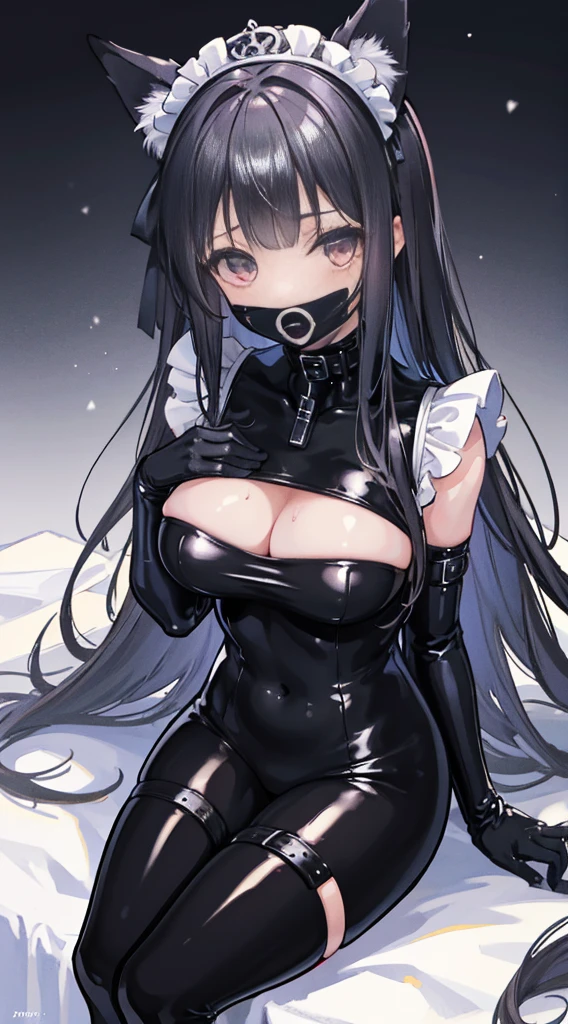 high quality, masterpiece, Super detailed, 1 girl,  Extremely detailed faces, gagged，Christmas black latex full body suit，black gloves，black christmas stockings，Maid tiara，gagged，BDSM,handcuffs，collar，calm expression,Smile，handcuffs，collar，long black hair, charming pink eyes, fox ears, Ridiculously big, shiny skin, sitting on the snow，Cover your chest with your hands，Bright Christmas night scene