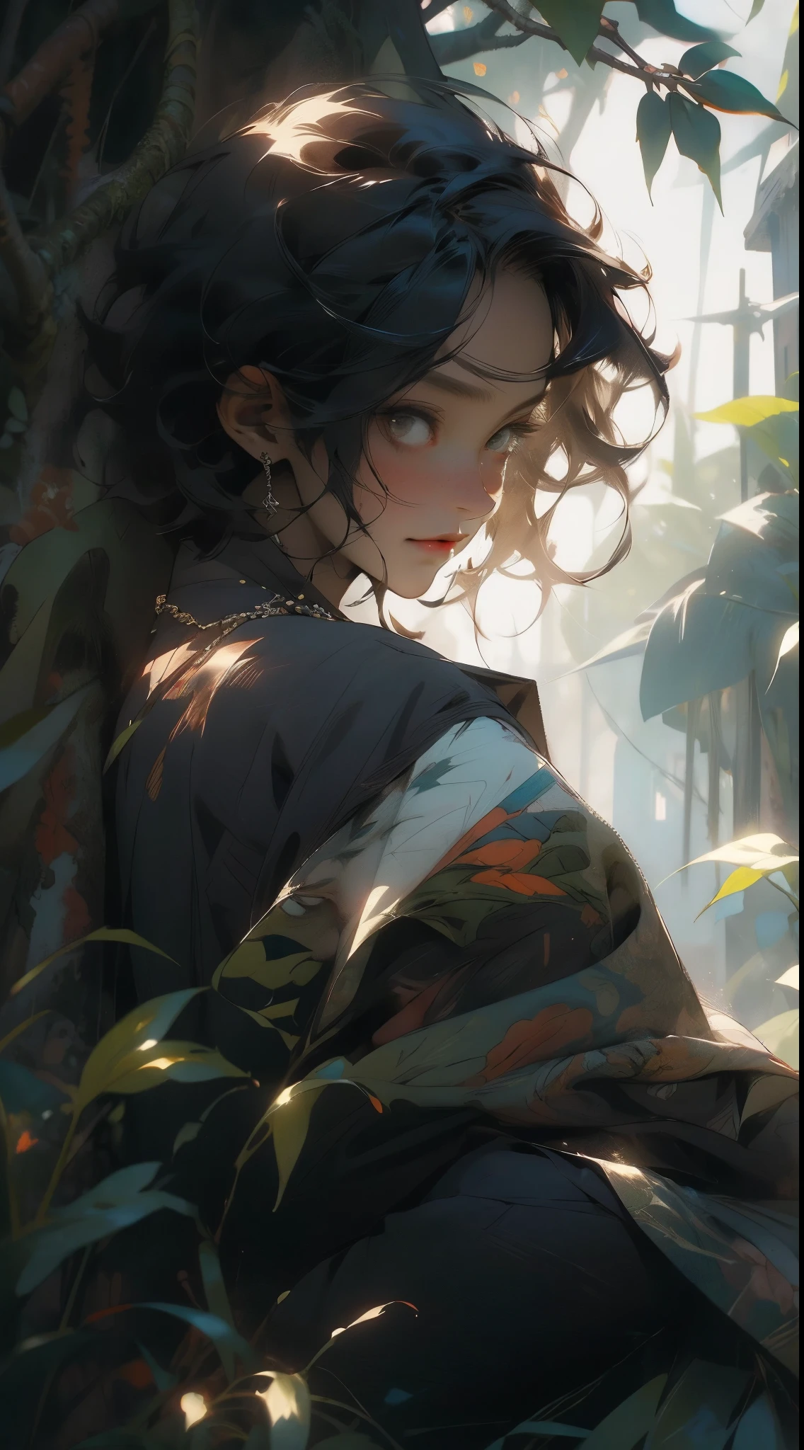 Realistic, (masterpiece, top quality, best quality, official art), very detailed, colorful, most detailed, god, short hair, black hair, handsome man, necklace, short sleeves, jungle