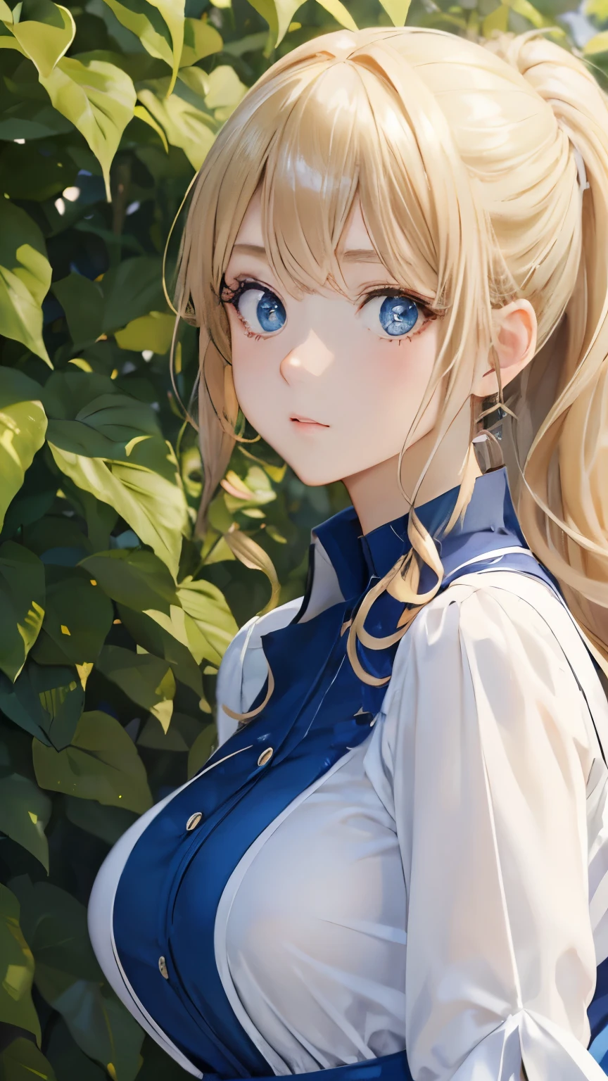 (masterpiece:1.2), (highest quality:1.2),, Curvy but slender body, perfect eyes, perfect face, perfect lighting, 1 girl, in the garden, （blouse），（Lady），（noble），（whole bodyのショット），（ponytail），（カメラアングルwhole body），curly hair, fine clothes, detailed outdoor background, compensate, eye shadow, thick eyelashes, fantasy, looking at the viewer, whole body、blue sky、Bright and very beautiful face、young shiny glossy white shiny skin、the best beauty、the most beautiful bright blonde hair in the world、thin hair、long hair、Shining beautiful bangs、big shining blue eyes、Very beautiful and lovely 18 years old, the most beautiful girl in the world、small breasts