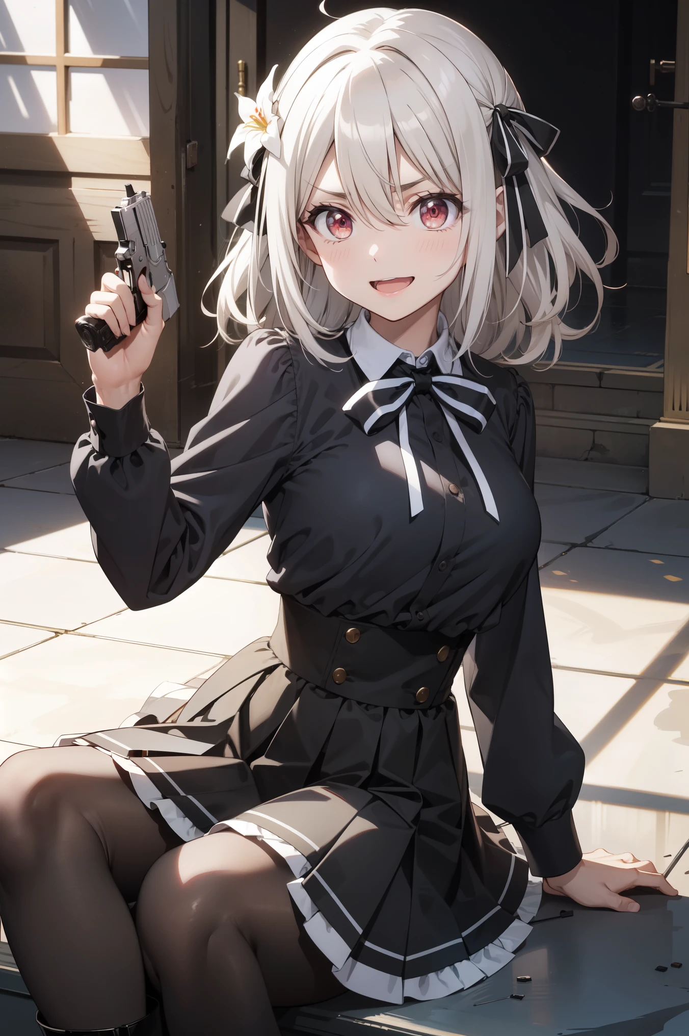 masterpiece, best quality, lily, lily_olis, (handgun), perfect face, V-shaped eyebrows, laugh, thighs, breasts, white hair, hair between eyes, hair ribbon, red eyes, black shirt, high-waist skirt, skirt, black skirt, bowtie, boots, black ribbon, neck ribbon, striped bow, black and white bow, pantyhose