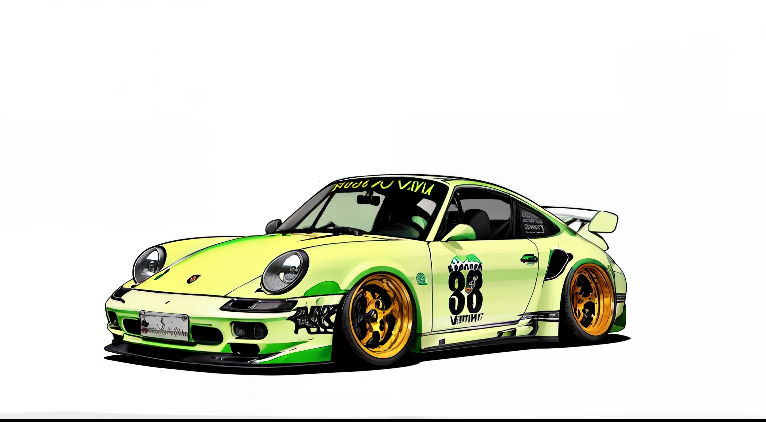 nvinkpunk, painting of a city with a  brown/neon green paint, Porsche 911 rwb rotting,wide bodykit, large wheels, high quality,