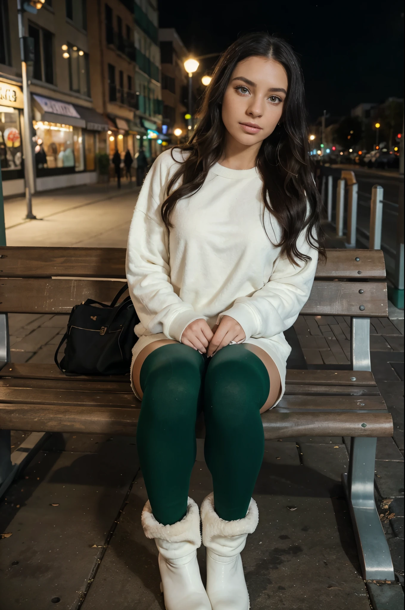 1 woman, Ombre on black hair with balayage, beautiful green eyes, freckled face, cream white sweatshirt, seamless black leggings, black leggings, fuzzy faux fur boots, ugg boots, night city background, sitting on a bench, full length portrait, Raw-Photo.
