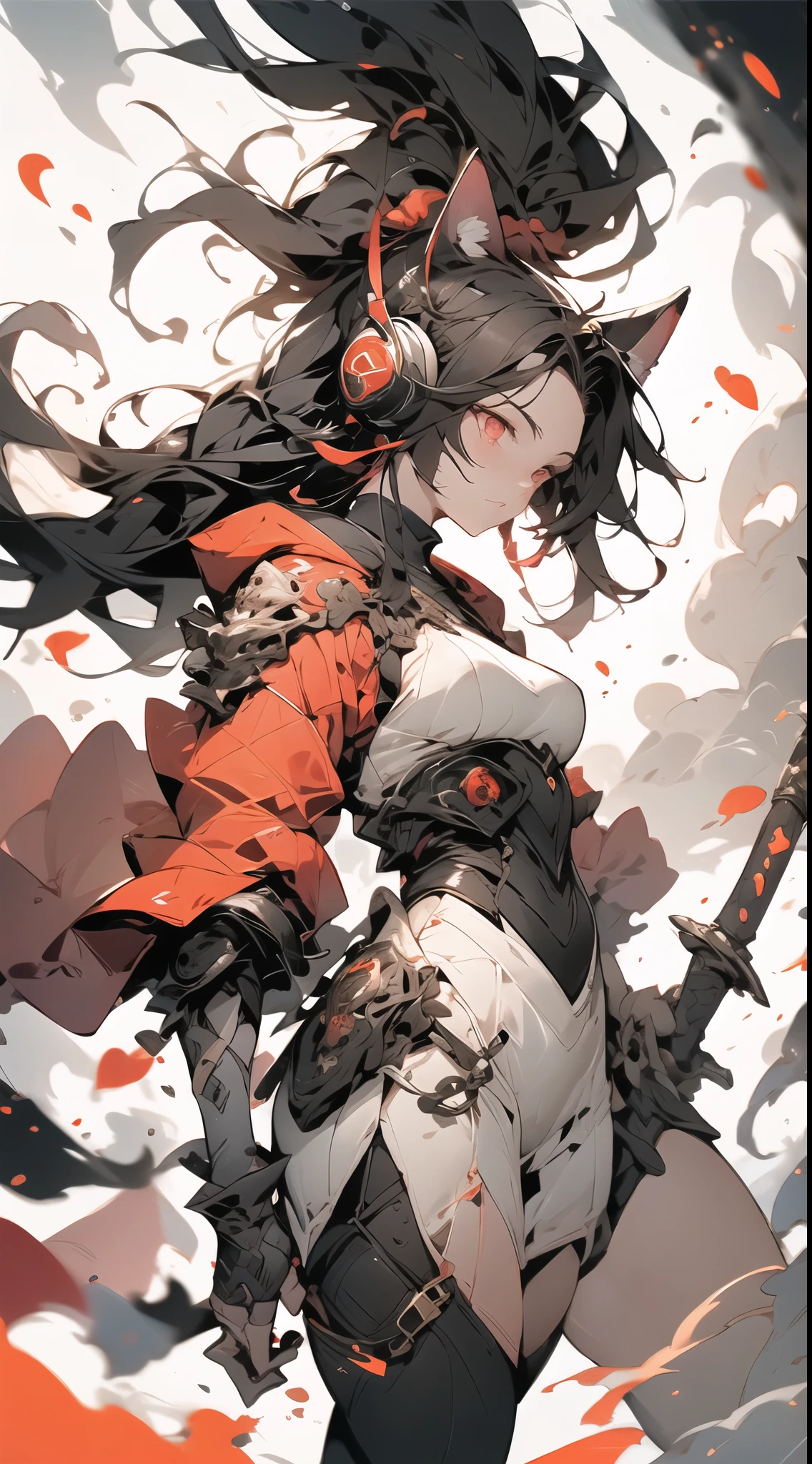 In a world where ancient and future intertwine, there stands a lone girl. Her body is half-machine, adorned with extraordinarily long hair and striking red eyes. She wears cat ear headphones and sports large, white wings on her back, while her attire features monochrome clothing adorned with cross decorations.
Clad in loose-fitting garments, she dons an unusually short miniskirt and large sneakers, all the while wielding an incredibly massive spear, ready to encounter supernatural creatures and androids.
The world around her is depicted with hyper-precision in stunning 8K high-quality visuals. The uniqueness of her appearance and the vividness of the surroundings immerse the readers or viewers as if they have stepped into this mesmerizing realm. Through her captivating adventures and personal growth, a tale of wonder and emotion unfolds, offering a grand journey filled with surprises and awe.
