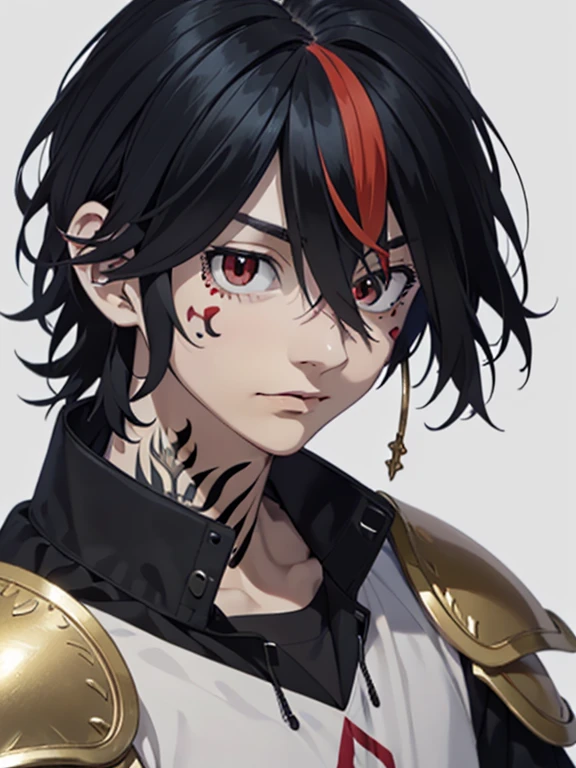 Anime, (best quality),(masterpiece),looking at viewer,man,face tattoos, gray skin, focus male,1boy,((black and red hair)),((RED EYES)), wearing BLACK (((armor))) with gold accents
