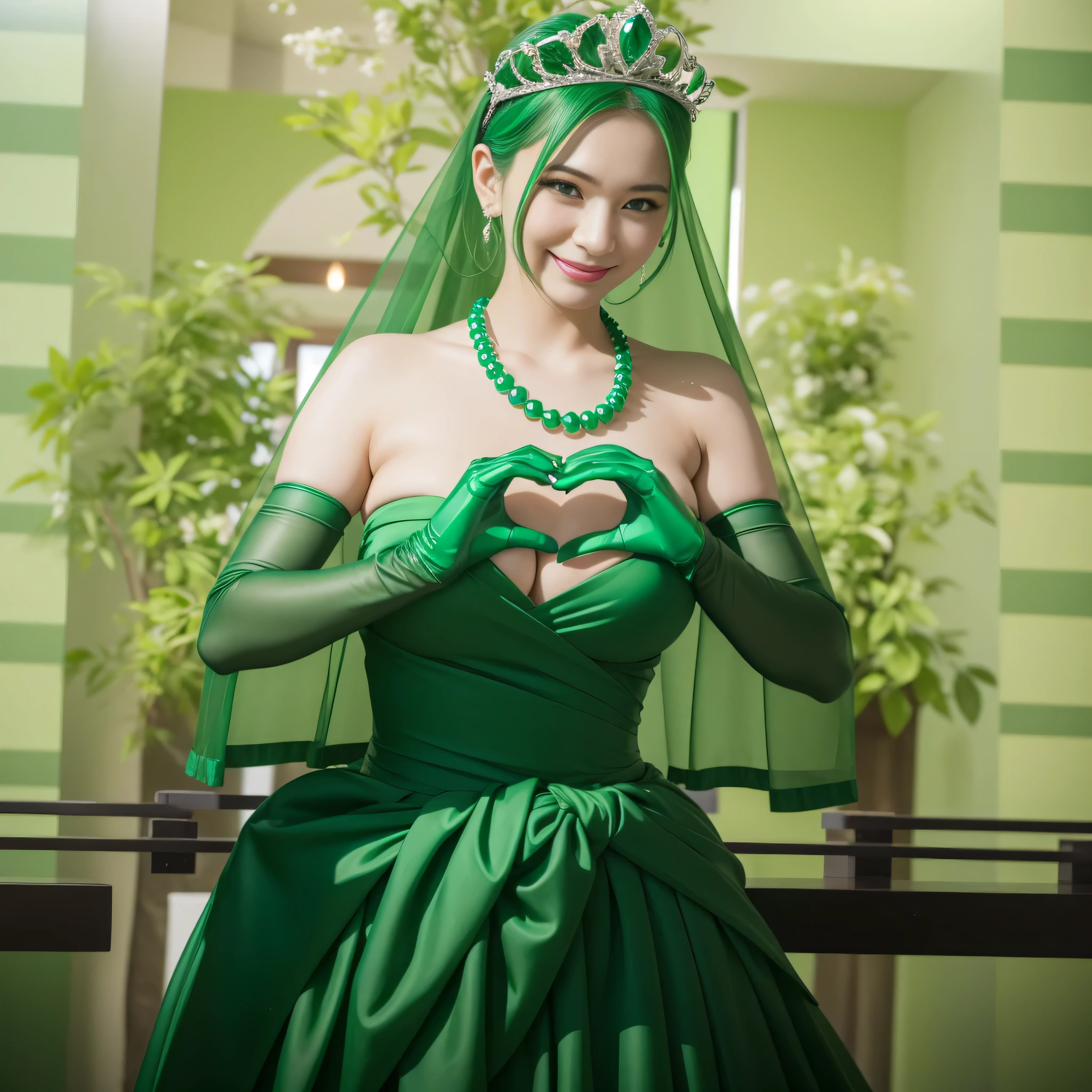 emerald tiara, Green Pearl Necklace, ボーイッシュな非常に短いgreen hair, lipstick, smiling Japanese woman, very short hair, beauty of big breasts, green eyes, green satin long gloves, green eyes, emerald earrings, Green veil, Heart with both hands, green hair, beautiful japanese woman, heart shaped hands:1.3, green lip gloss