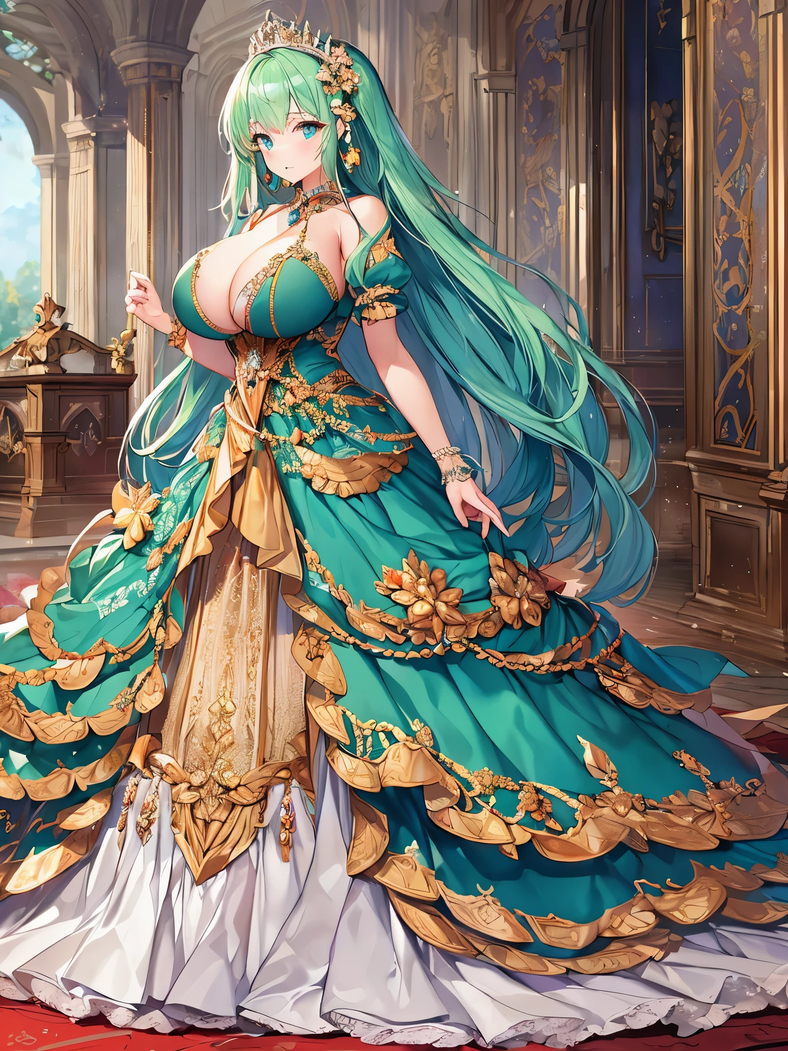 anime artstyle,Masterpiece,Best Quality,Super Detail,Very Delicate and Beautiful,Solo,full body,full body portrait,((1 princess in a jeweled rococo ballgown with beautiful embroidery)),(((very very gigantic tits))),cleavage,Skindentation,((fantasy castle,outdoor)),((crinoline,long train)),super detailed gorgeous princess ballgown with voluminous full length hoop skirt,gorgeous princess rococo ballgown with long train,gorgeous princess rococo ballgown with beautiful embroidery and jeweled,(detailed face and eyes),jewel-like eyes,((extremely voluminous straight Hair,Extremely Long Straight Hair)),extremely gorgeous hair ornament,((extremely gorgeous jeweled big tiara)),luxurious jewelry,((super detailed jeweled gorgeous princess rococo ballgown with voluminous full length hoop skirt)),full body