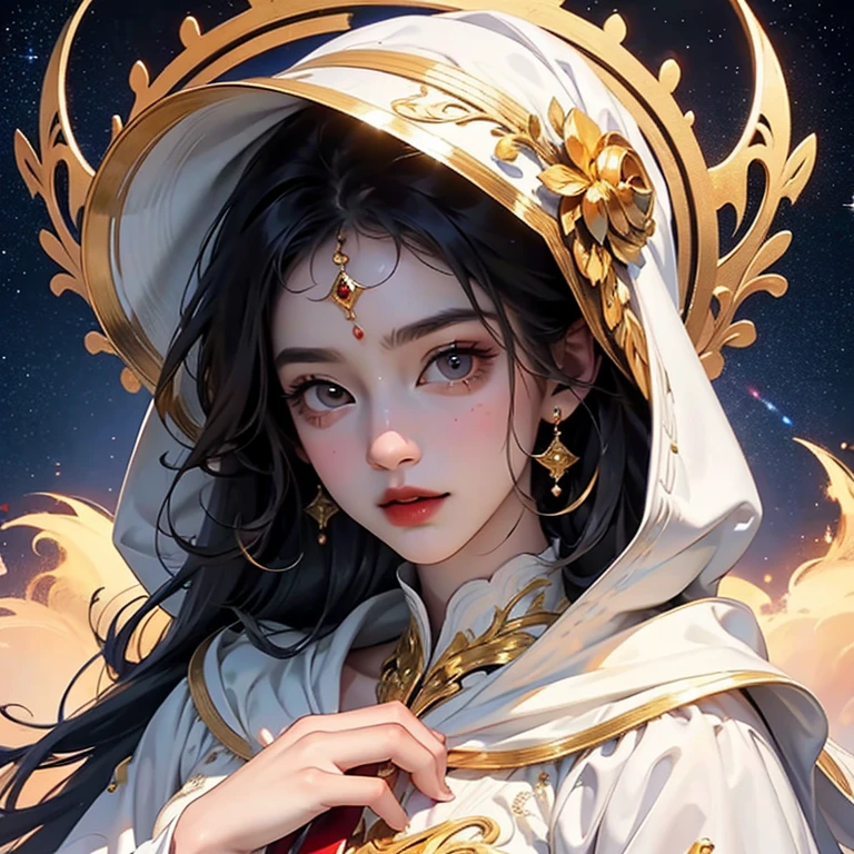 (masterpiece, top quality, best quality, official art, Beauty and Aesthetics: 1.2), (1 girl), Extreme details, (Fractal art: 1.3), rich and colorful, supreme detail, perfect face, Upper body, high dynamic range, prayer, (White cloak with golden lines: 1.2), starry sky, meteor, light stripes, Surrealism.