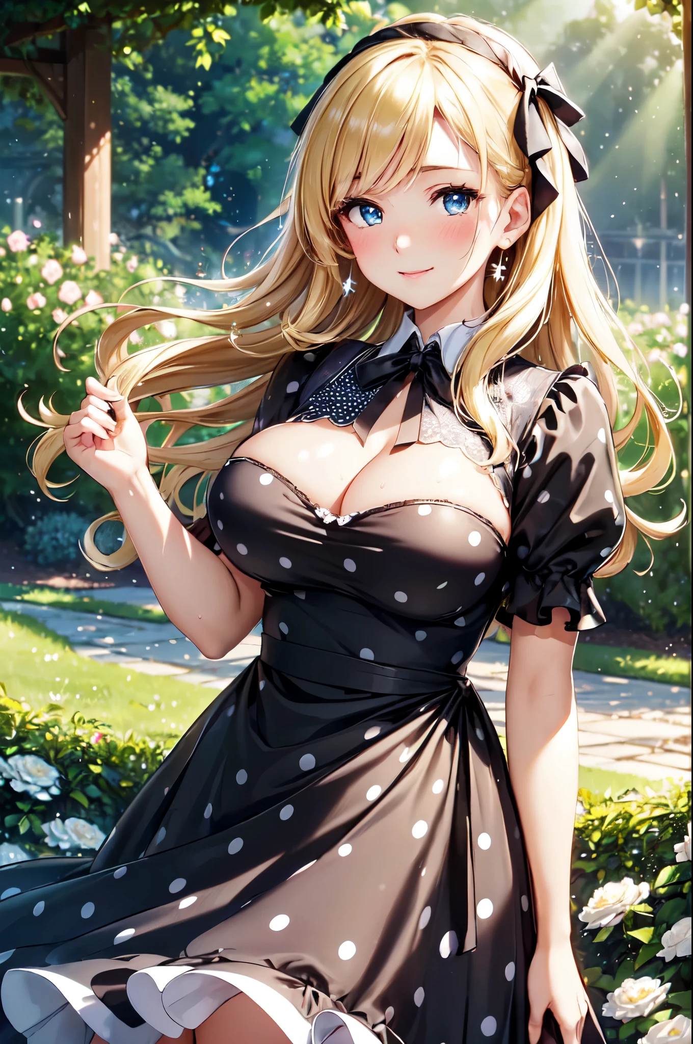 (High quality, High resolution, Fine details), (vibrant polka dot black dress), (Large ribbon at the waist), clear weather, lush greenery all around, sparkling dewdrops on the flowers, solo, curvy women, blond hair, sparkling eyes, (Detailed eyes:1.2), smile, blush, Sweat, Oily skin, shallow depth of field, soft sunlight, gentle lighting
