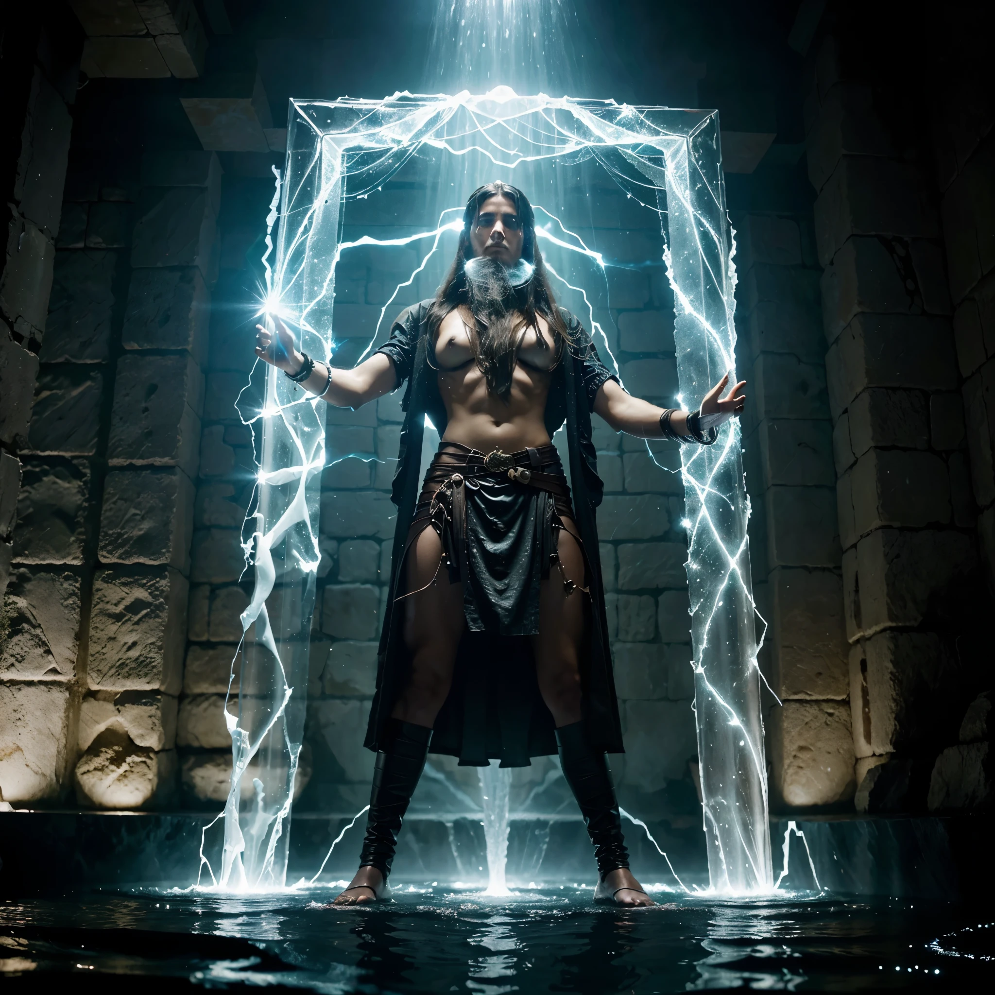 In the dimly lit depths of a subterranean temple, the ancient deity Enki Alternative Text Version: Enki the Water God, clad in traditional Sumerian attire, his long white beard flowing, summoned forth a surge of electric current. He stood before a massive glowing crystal, its circuitry pulsing with ancient knowledge. With a diligent flick of his fingers, Enki manipulated the energy, creating a mesmerizing display of binary patterns flowing across the temple walls. The water around him danced and glitched, its surface rippling with the energy surging through it. Enki's gaze, filled with wisdom and age, gazed upon the spectacle, as if on the brink of revealing a cosmic secret.