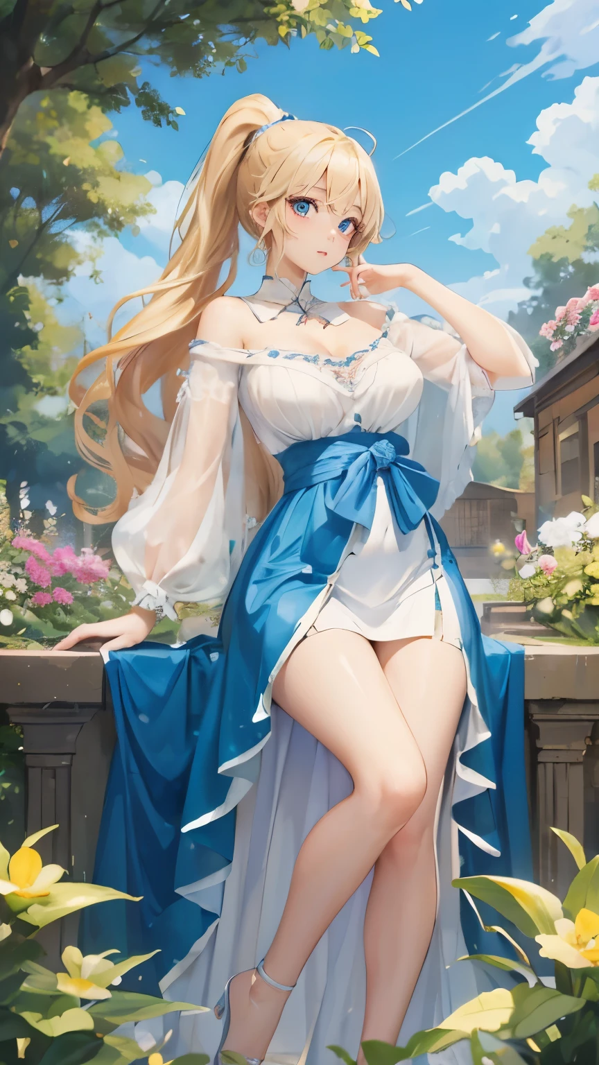 (masterpiece:1.2), (highest quality:1.2),, Curvy but slender body, perfect eyes, perfect face, perfect lighting, 1 girl, in the garden, （blouse），（Lady），（noble），（full body shot），（ponytail），（カメラアングルwhole body），curly hair, fine clothes, detailed outdoor background, compensate, eye shadow, thick eyelashes, fantasy, looking at the viewer, whole body、blue sky、Bright and very beautiful face、young shiny glossy white shiny skin、the best beauty、the most beautiful bright blonde hair in the world、thin hair、long hair、Shining beautiful bangs、big shining blue eyes、Very beautiful and lovely 18 years old, the most beautiful girl in the world、small breasts