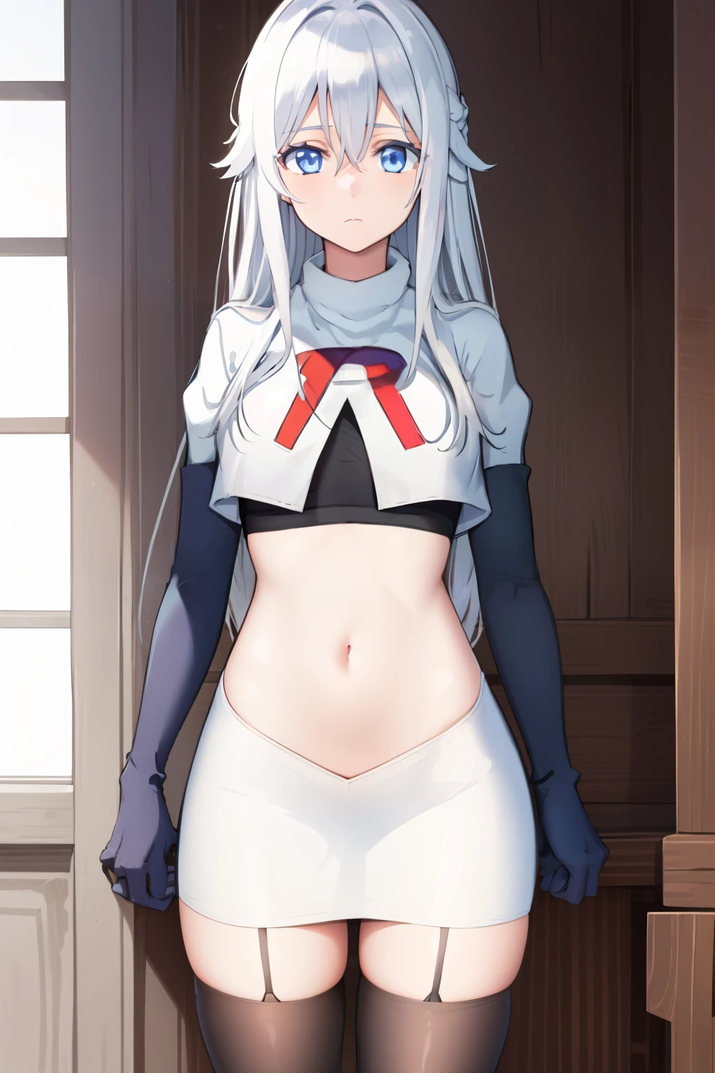 (masterpiece, best quality:1.2), 
1girl,Vladilena,lenaface, blue eyes, breasts, looking at viewer, white hair,medium breasts, antenna hair, hair between eyes,  looking at viewer, ahoge, expressionless, bangs, white hair,
team rocket,team rocket uniform, red letter R, white skirt,white crop top,black thigh-highs,black elbow gloves
