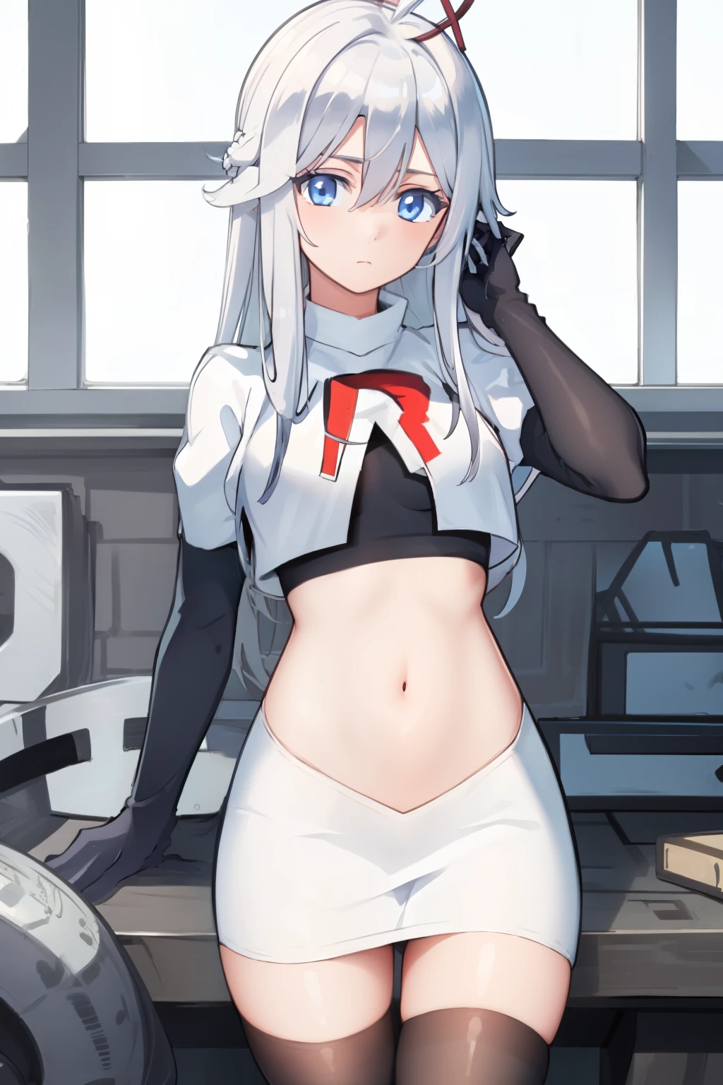 (masterpiece, best quality:1.2), 
1girl,Vladilena,lenaface, blue eyes, breasts, looking at viewer, white hair,medium breasts, antenna hair, hair between eyes,  looking at viewer, ahoge, expressionless, bangs, white hair,
team rocket,team rocket uniform, red letter R, white skirt,white crop top,black thigh-highs,black elbow gloves
