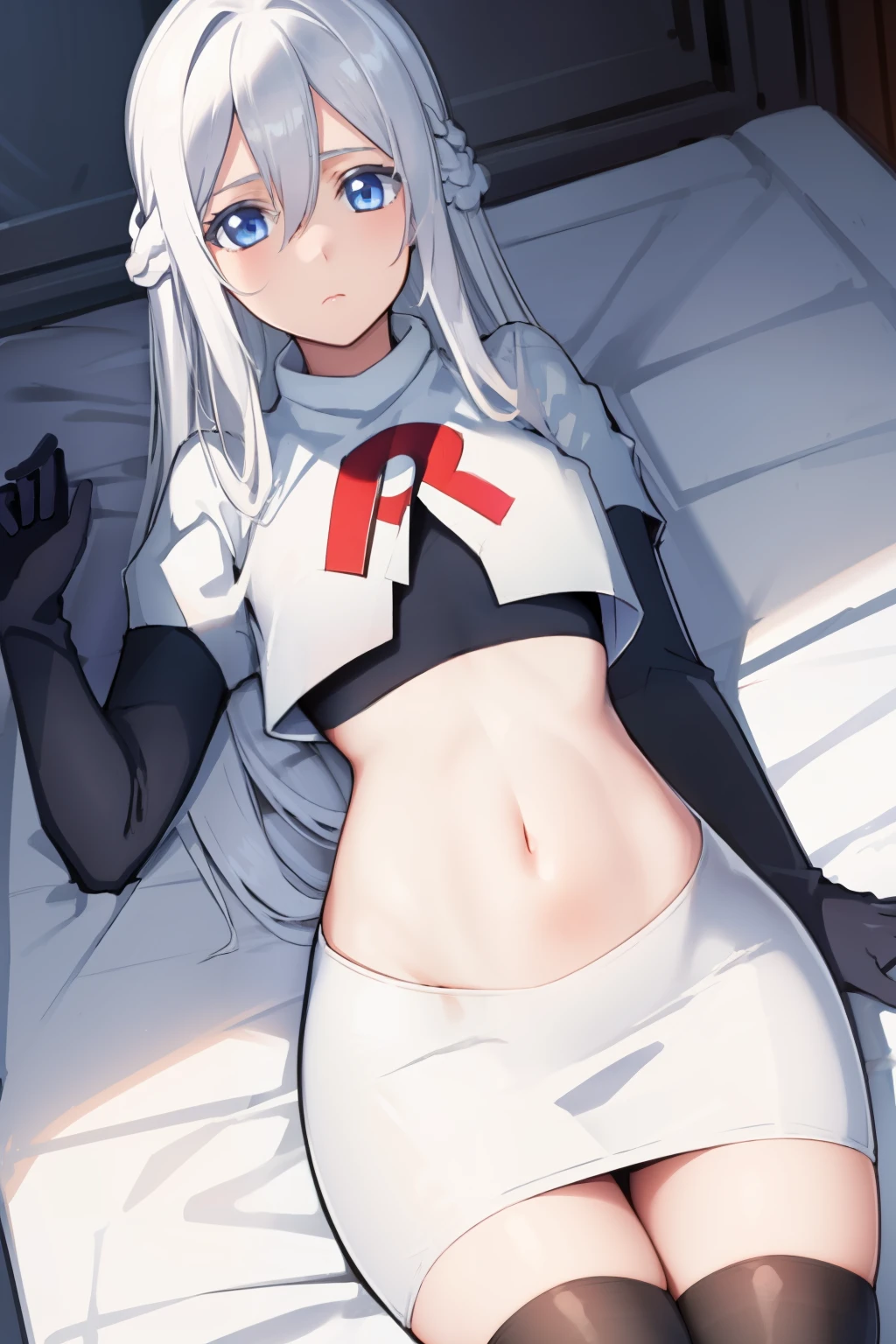 (masterpiece, best quality:1.2), 
1girl,Vladilena,lenaface, blue eyes, breasts, looking at viewer, white hair,medium breasts, antenna hair, hair between eyes,  looking at viewer, ahoge, expressionless, bangs, white hair,
team rocket,team rocket uniform, red letter R, white skirt,white crop top,black thigh-highs,black elbow gloves
