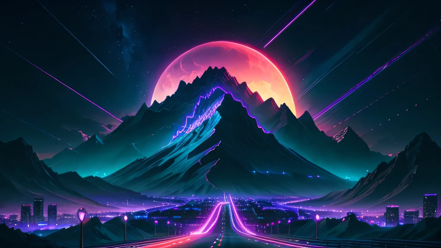 retro wave, road, city, purple and blue neon lights, sun, mountain, night sky,
(masterpiece, ultra detailed, high resolution)