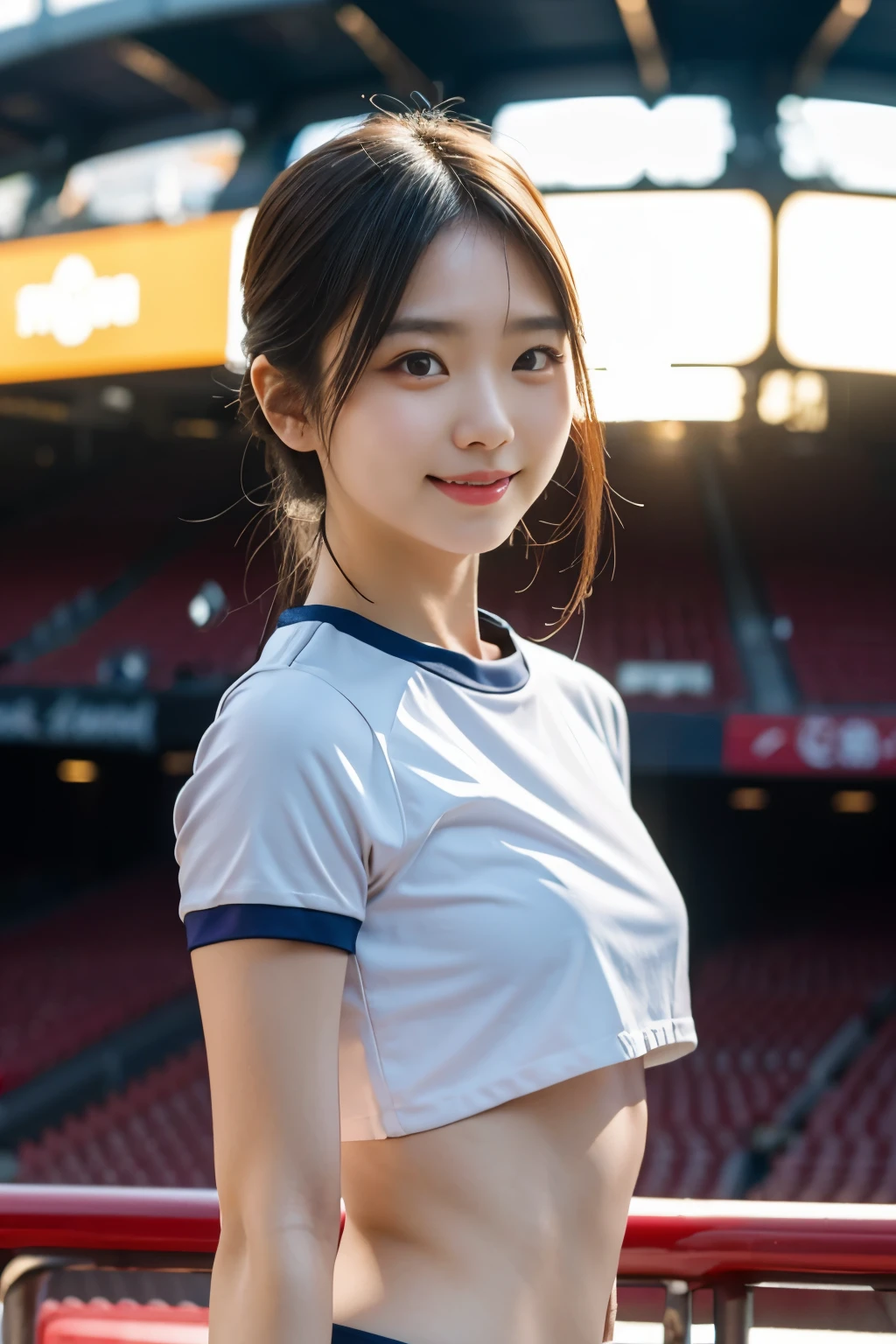 Candid photo of japanese girl, wearing nothing, crop top, with captivating
eyes, smiling amidst a bustling city, upper body
framing, in a stadium, golden hour
lighting:1.3), shot at eye level, on a Fujifilm X-T4
with a 50mm lens, in the style of Alfred Stieglitz