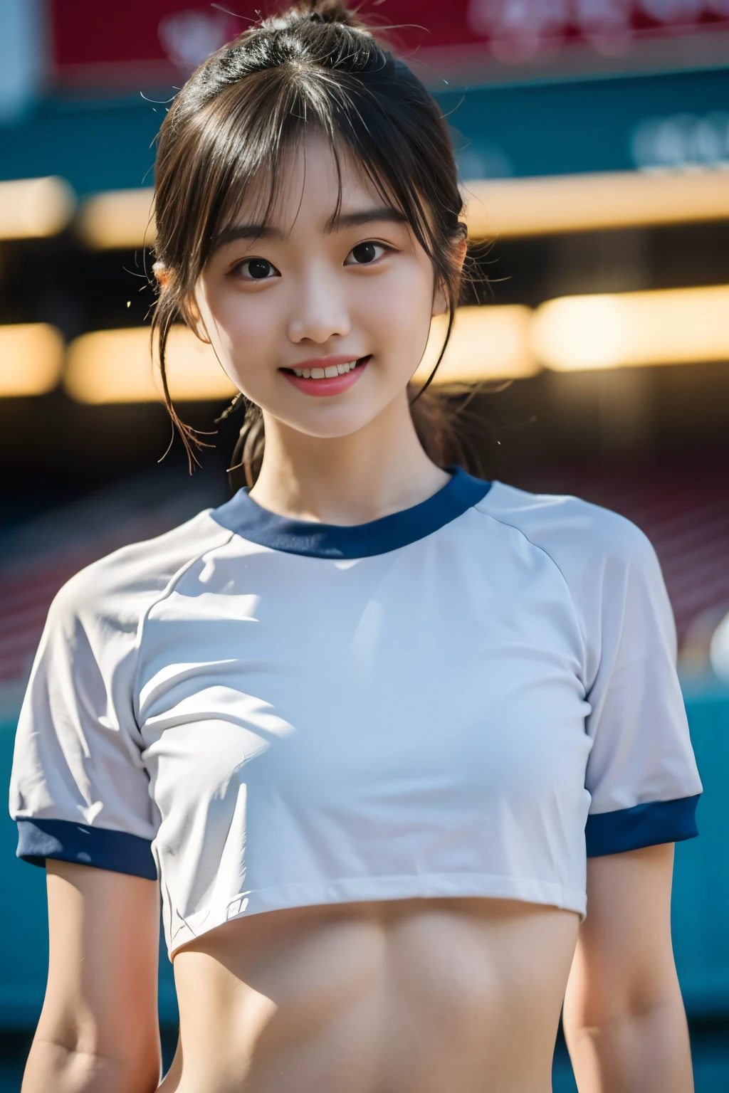 Candid photo of japanese girl, wearing nothing, crop top, with captivating
eyes, smiling amidst a bustling city, upper body
framing, in a stadium, golden hour
lighting:1.3), shot at eye level, on a Fujifilm X-T4
with a 50mm lens, in the style of Alfred Stieglitz