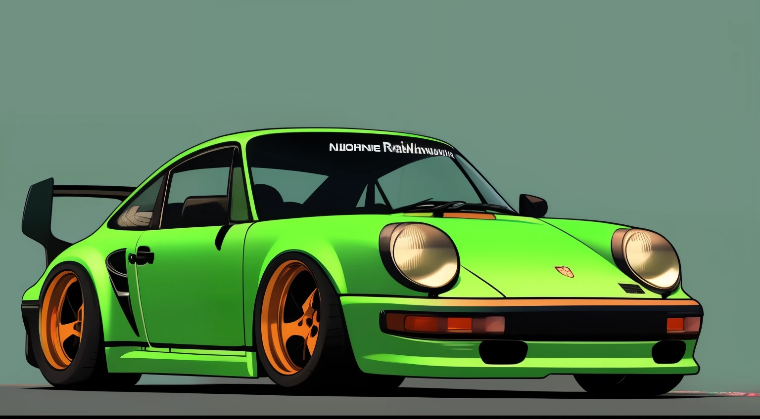 nvinkpunk, painting of a city with a  brown/neon green paint, Porsche 911 rwb rotting,wide bodykit, large wheels, high quality,