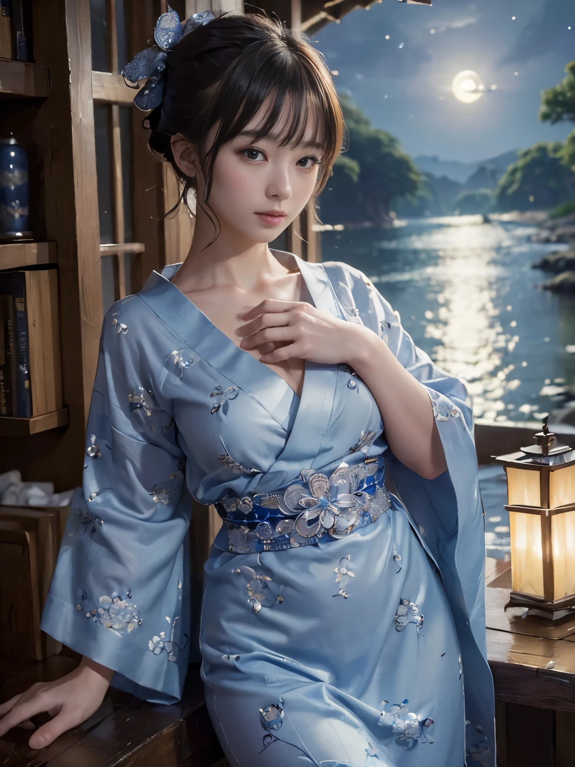 (masterpiece,Super detailed,8k,highest quality:1.5),((very cute)),best image quality, two dimensional beauty,sensual figure,intricate details,charm, realistic texture, charmな,(moonlight、Firefly Light:1.3),(blue yukata),sleep on your back