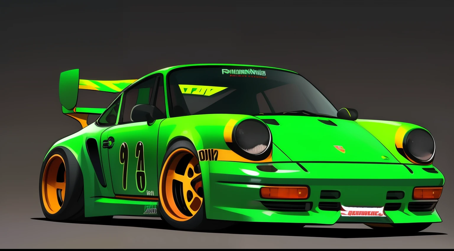 nvinkpunk, painting of a city with a  brown/neon green paint, Porsche 911 rwb rotting,wide bodykit, large wheels, high quality,