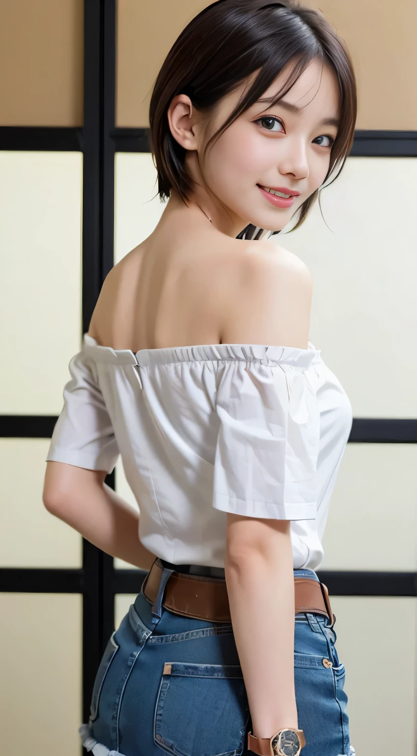 (8k,RAW photo、RAW photo、highest quality、master masterpiece:1.2)、1girl、1middle aged male、Super detailed、super resolution、(Photoreal:1.3)、((shot from behind)),((cowboy shot:1.4))、Clearly depicts the shadows of light、High resolution RAW color photos、professional photos、(((Inside a watch store:1.4)))、I draw it faithfully to the anatomy...、very detailed and beautiful、super high quality、((extremely short hairstyles:1.4))、((宝石店内の様子のショーケースの前に立っているgirl:1.4))、((girlの後ろに立って肩に手を置くmiddle aged male:1.4)、((White collar short sleeve off shoulder shirt:1.4))、((white short sleeve off shoulder cotton shirt:1.4))、((denim mini skirt:1.4))、Upper body、((ポシェットを肩に掛けているgirl:1.4))、((smile:1.4))、
