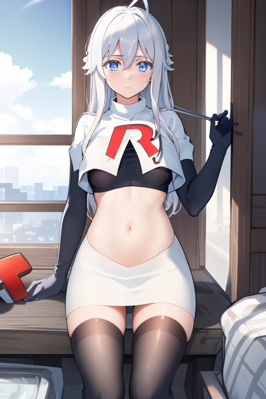 (masterpiece, best quality:1.2),
1girl,Vladilena,lenaface, blue eyes, breasts, looking at viewer, white hair,medium breasts, antenna hair, hair between eyes, looking at viewer, ahoge, expressionless, bangs, white hair,
team rocket,team rocket uniform, red letter R, white skirt,white crop top,black thigh-highs,black elbow gloves