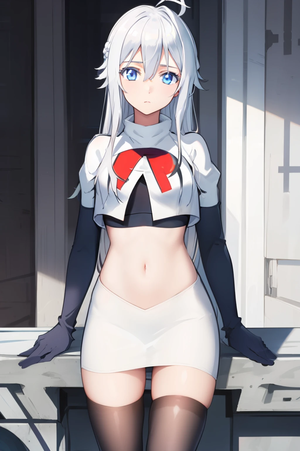 (masterpiece, best quality:1.2), 
1girl,Vladilena,lenaface, blue eyes, breasts, looking at viewer, white hair,medium breasts, antenna hair, hair between eyes,  looking at viewer, ahoge, expressionless, bangs, white hair,
team rocket,team rocket uniform, red letter R, white skirt,white crop top,black thigh-highs,black elbow gloves
