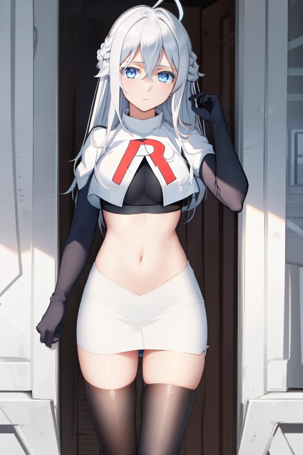 (masterpiece, best quality:1.2), 
1girl,Vladilena,lenaface, blue eyes, breasts, looking at viewer, white hair,medium breasts, antenna hair, hair between eyes,  looking at viewer, ahoge, expressionless, bangs, white hair,
team rocket,team rocket uniform, red letter R, white skirt,white crop top,black thigh-highs,black elbow gloves
