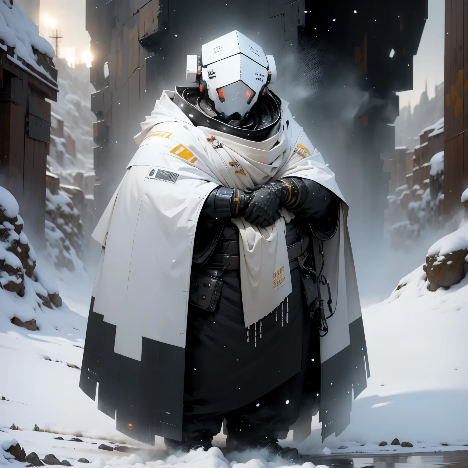 very thick robot, very large legs, in the mountains, very heavy snowfall, lots of snow, sunset, wearing white cloaks, in a futuristic snowy village, cabins in the background, very big body, very round body, fat robot,