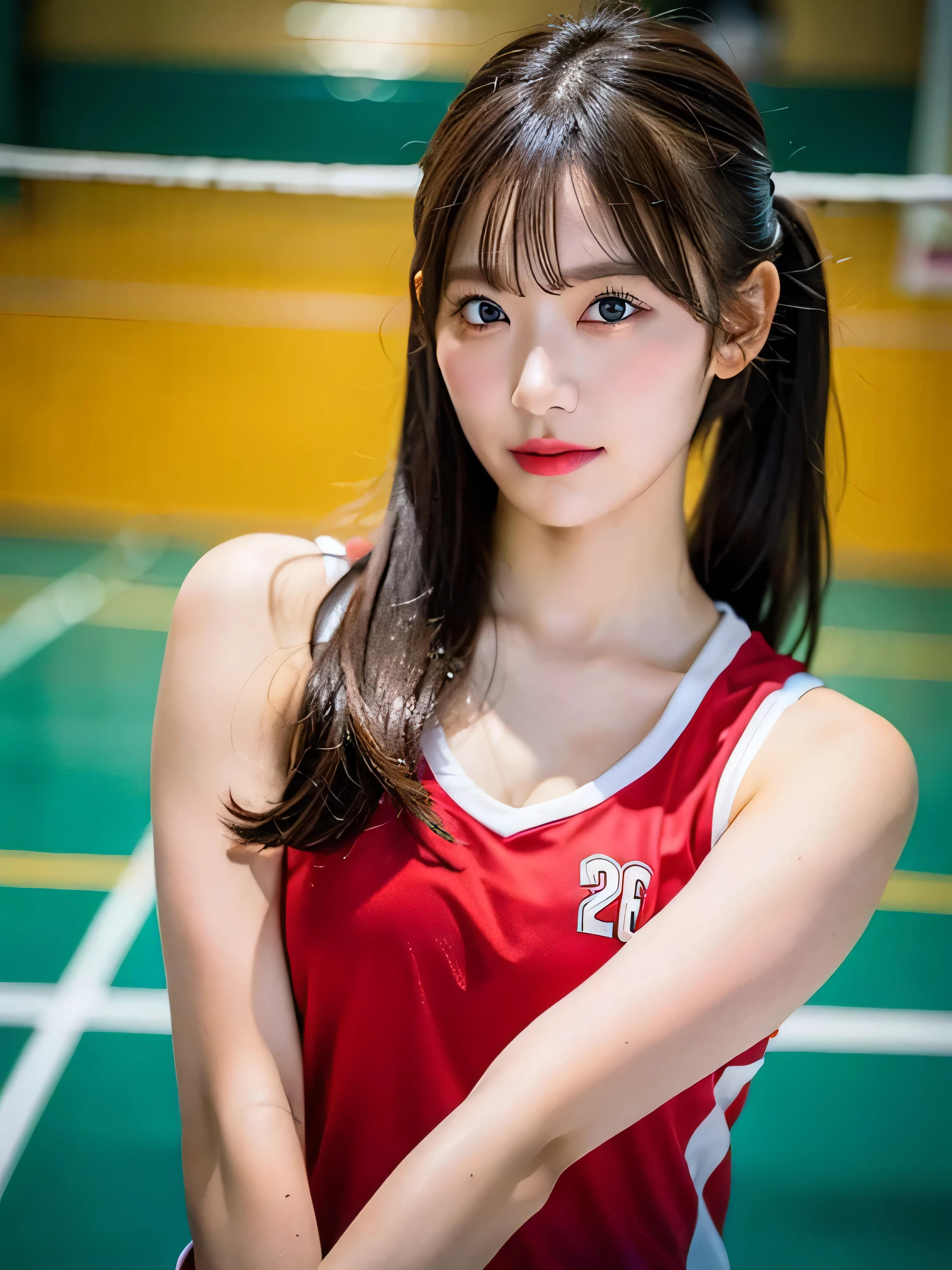 masterpiece:1.2、highest quality)、realistic、(real photos、intricate details、written boundary depth)、(1 girl、alone)、compensate、parted lips、highly detailed perfect face、(Medium ?????:1.4)、narrow、expensive、shining coral lips、redhead、red eyes、ponytail、（girl playing volleyball、volleyball uniform）、I can see your belly button、（sweating：1.2）、（Wet）、????、blush、volleyball court、volleyball net、Gym、audience