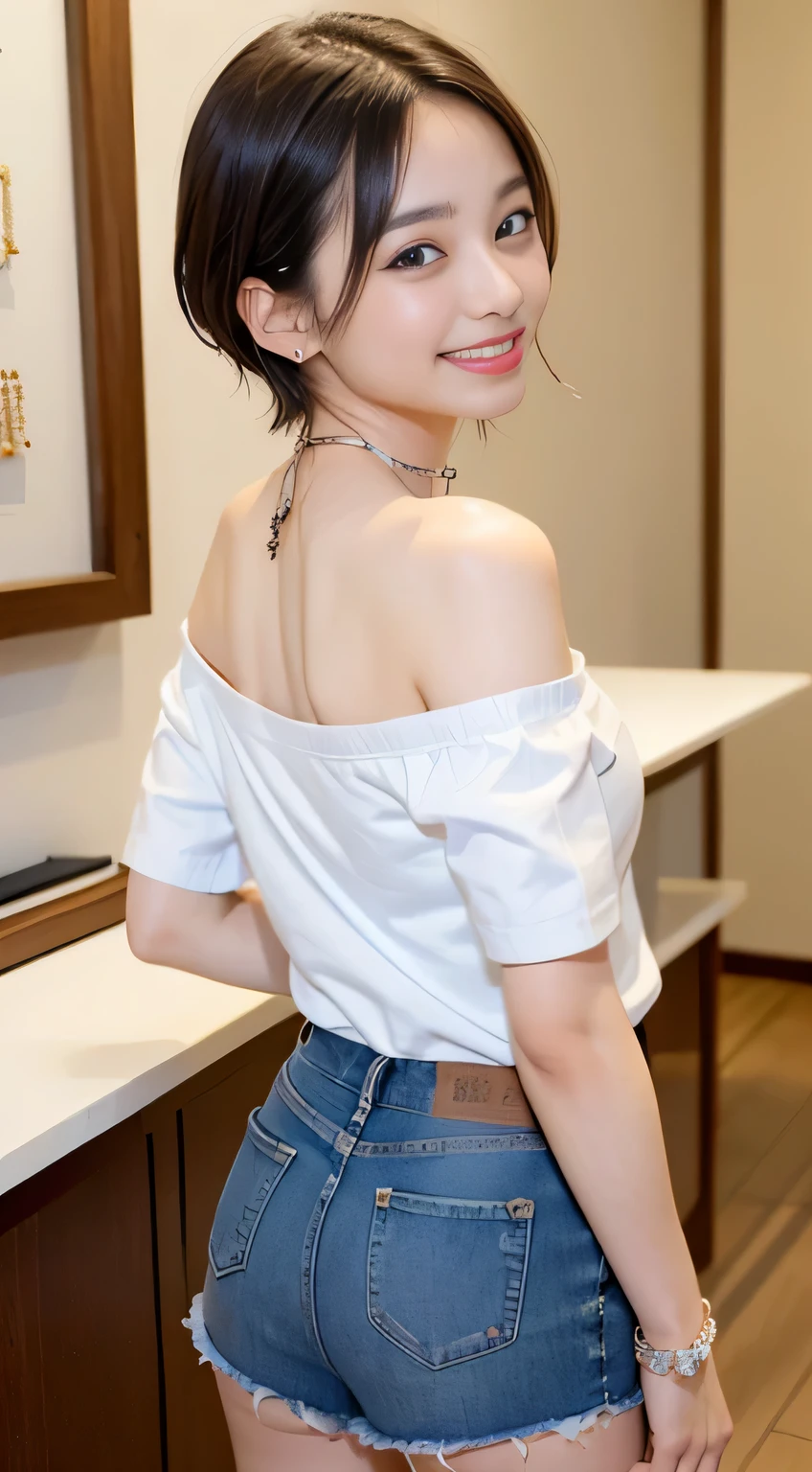 (8k,RAW photo、RAW photo、highest quality、master masterpiece:1.2)、1girl、1middle aged male、Super detailed、super resolution、(Photoreal:1.3)、((shot from behind)),((cowboy shot:1.4))、Clearly depicts the shadows of light、High resolution RAW color photos、professional photos、(((Inside the jewelry store:1.4)))、I draw it faithfully to the anatomy...、very detailed and beautiful、super high quality、((extremely short hairstyles:1.4))、((Inside the jewelry storeのショーケースの前に立っているgirl:1.4))、((girlの後ろに立って肩に手を置くmiddle aged male:1.4)、((White collar short sleeve off shoulder shirt:1.4))、((white short sleeve off shoulder cotton shirt:1.4))((mini skirt without denim:1.4))、Upper body、((ポシェットを肩に掛けているgirl:1.4))、((smile:1.4))、