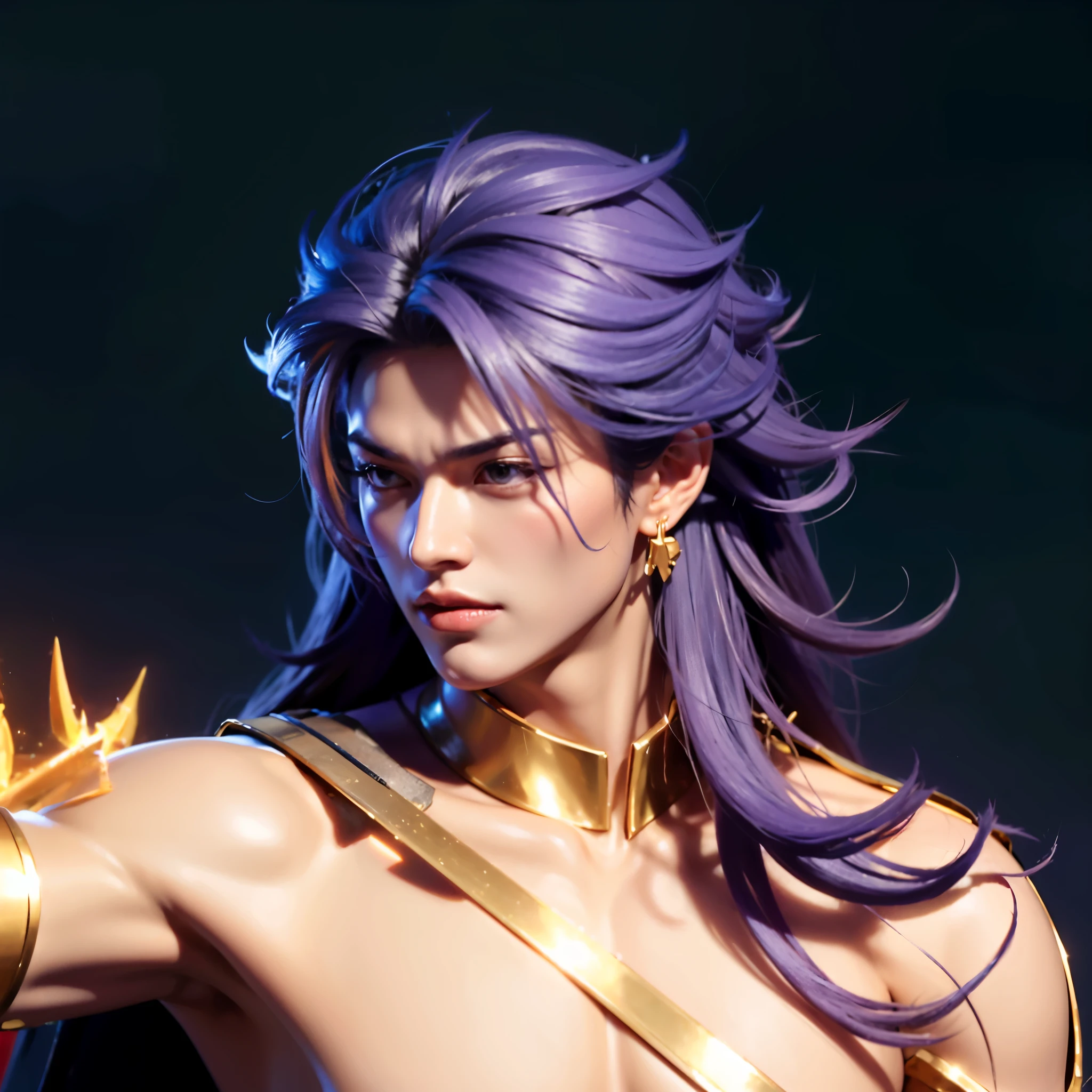 (masterpiece),((ultra-detailed)), (highly detailed CG illustration),(expressionless), (best quality:1.2),Number 1 handsome guy in the world, handsome Asian guy,bright, solo, long hair, simple background, gloves, 1boy, hair between eyes, jewelry, yellow eyes, purple hair, multicolored hair, male focus, earrings, boots, pants, fingerless gloves, tattoo, arm tattoo, armor, long sleeves, coat, bare shoulders, shoes, blue footwear, realistic, (normal background), holding sword, holding weapon, weapon, sword,The shirt between the chest and abdomen was torn, and the clothes were torn,Big muscles and firm 6-pack abs,wielding a sword and spear of golden lightning light,Adult (male) body details,Asian male eyes, masculine eyes, handsome face detailen),masculine face 