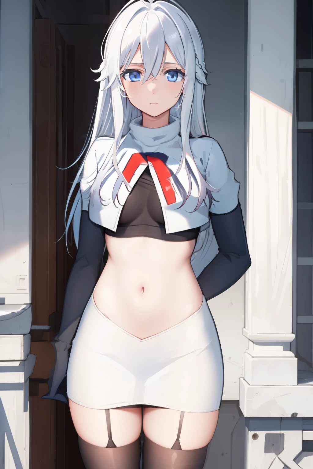 (masterpiece, best quality:1.2), 
1girl,Vladilena,lenaface, blue eyes, breasts, looking at viewer, white hair,medium breasts, antenna hair, hair between eyes,  looking at viewer, ahoge, expressionless, bangs, white hair,
team rocket,team rocket uniform, red letter R, white skirt,white crop top,black thigh-highs,black elbow gloves
