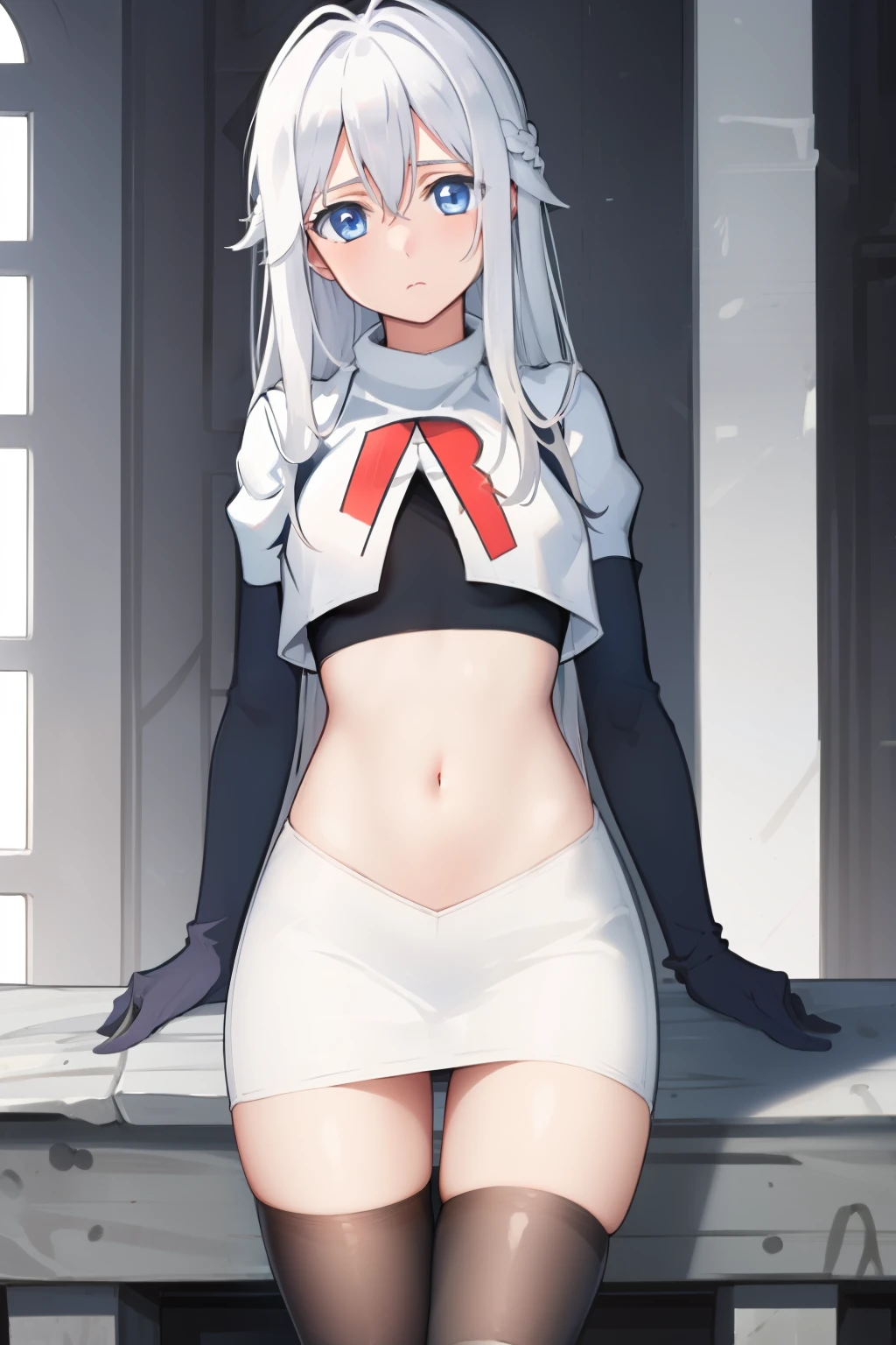 (masterpiece, best quality:1.2), 
1girl,Vladilena,lenaface, blue eyes, breasts, looking at viewer, white hair,medium breasts, antenna hair, hair between eyes,  looking at viewer, ahoge, expressionless, bangs, white hair,
team rocket,team rocket uniform, red letter R, white skirt,white crop top,black thigh-highs,black elbow gloves
