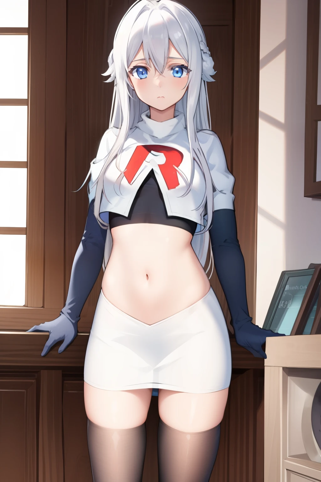 (masterpiece, best quality:1.2), 
1girl,Vladilena,lenaface, blue eyes, breasts, looking at viewer, white hair,medium breasts, antenna hair, hair between eyes,  looking at viewer, ahoge, expressionless, bangs, white hair,
team rocket,team rocket uniform, red letter R, white skirt,white crop top,black thigh-highs,black elbow gloves
