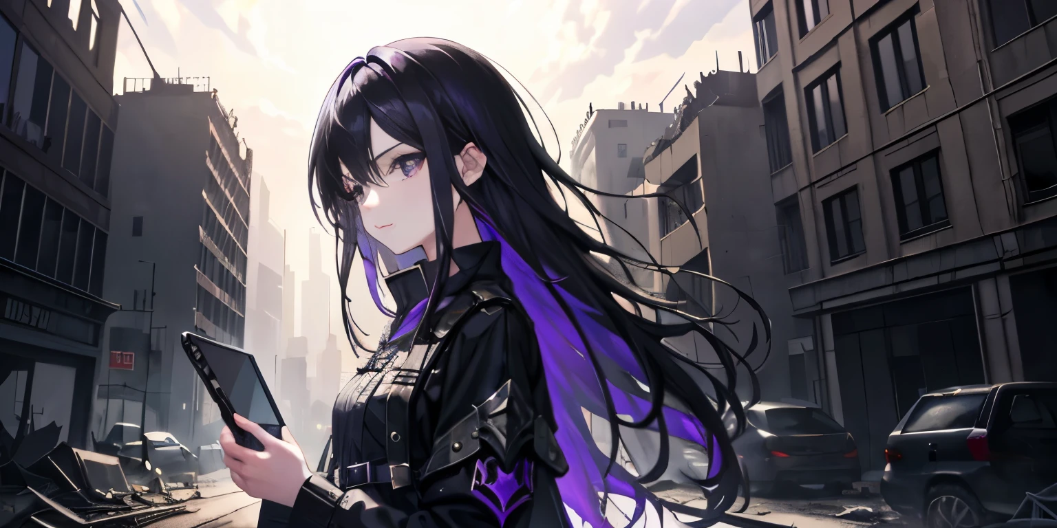 \(style\):{ masterpiece, highest quality, High resolution, super detailed, flat lighting, }, \(composition\):\{ 1 girl, finder}, \(exterior\): { (long~medium hair:0.8), black purple hair, (straight hair:1.2), shiny hair, black eye }, \(clothing\): { black purple fashion }, \(action\): { hold tablet pc }, \(Location\): { ( apocalyptic world, city of ruins ) }