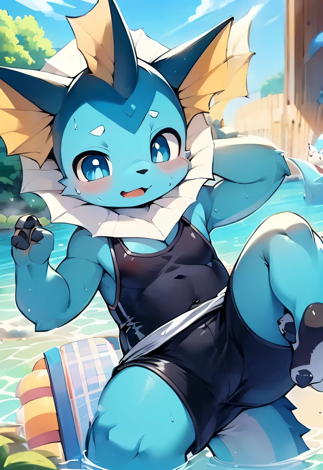 masterpiece, high quality, number, \(artwork\),(fluffy fur,Character focus:1.1), Water Ibrahimovic, Vaporeon, Kiyoyama, steam,whole body, Shota, boys,boys,juvenile,proudly,Bright Eyes,panoramic,Character focus.(Detailed background:0.7),alone,hairy的 male ,male focus,Hana Charcoal,eyes are very bright, panoramic, Character Focus Solo, Protruding crotch, hairy, hairy Shota,blue eyes,Wearing a blue student swimsuit,one-piece swimsuit,opaque white socks, young style,charming,long tail, sweat