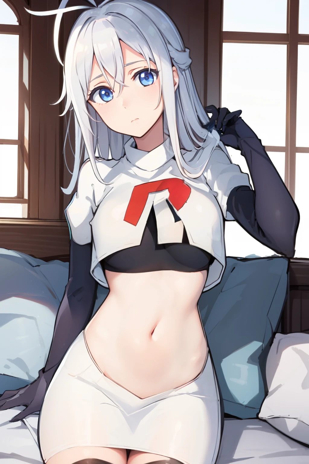 (masterpiece, best quality:1.2),
1girl,Vladilena,lenaface, blue eyes, breasts, looking at viewer, white hair,medium breasts, antenna hair, hair between eyes, looking at viewer, ahoge, expressionless, bangs, white hair,
team rocket,team rocket uniform, red letter R, white skirt,white crop top,black thigh-highs,black elbow gloves