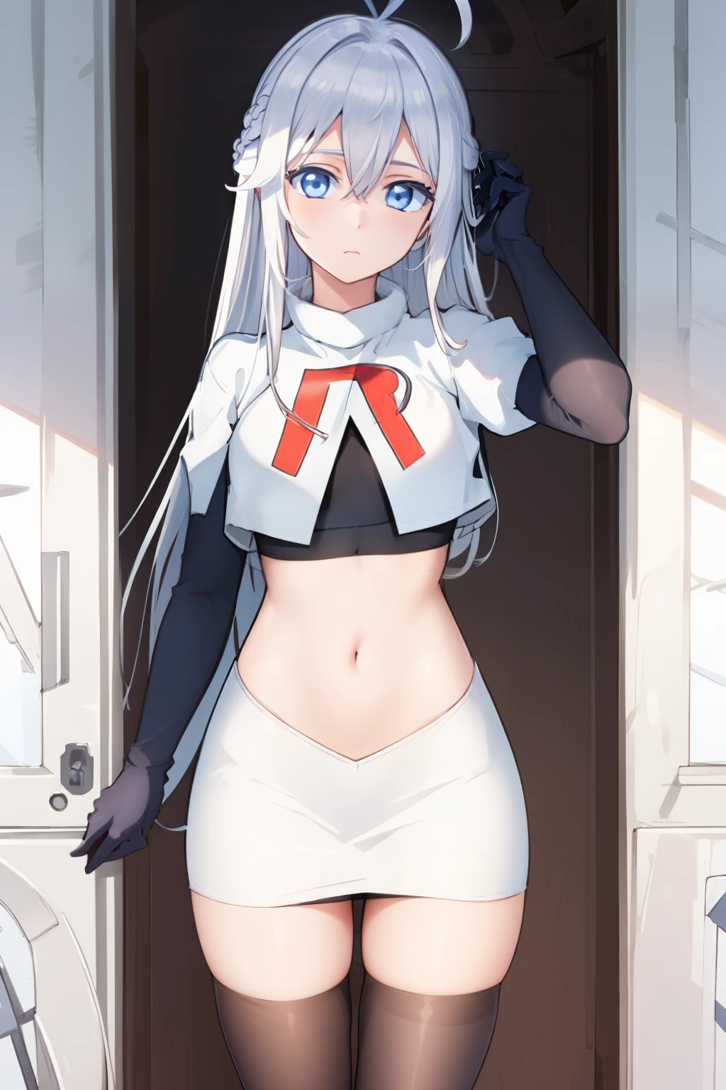 (masterpiece, best quality:1.2), 
1girl,Vladilena,lenaface, blue eyes, breasts, looking at viewer, white hair,medium breasts, antenna hair, hair between eyes,  looking at viewer, ahoge, expressionless, bangs, white hair,
team rocket,team rocket uniform, red letter R, white skirt,white crop top,black thigh-highs,black elbow gloves
