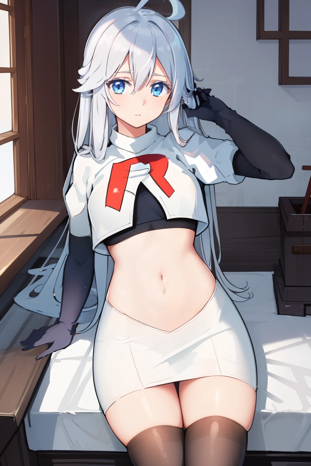 (masterpiece, best quality:1.2), 
1girl,Vladilena,lenaface, blue eyes, breasts, looking at viewer, white hair,medium breasts, antenna hair, hair between eyes,  looking at viewer, ahoge, expressionless, bangs, white hair,
team rocket,team rocket uniform, red letter R, white skirt,white crop top,black thigh-highs,black elbow gloves
