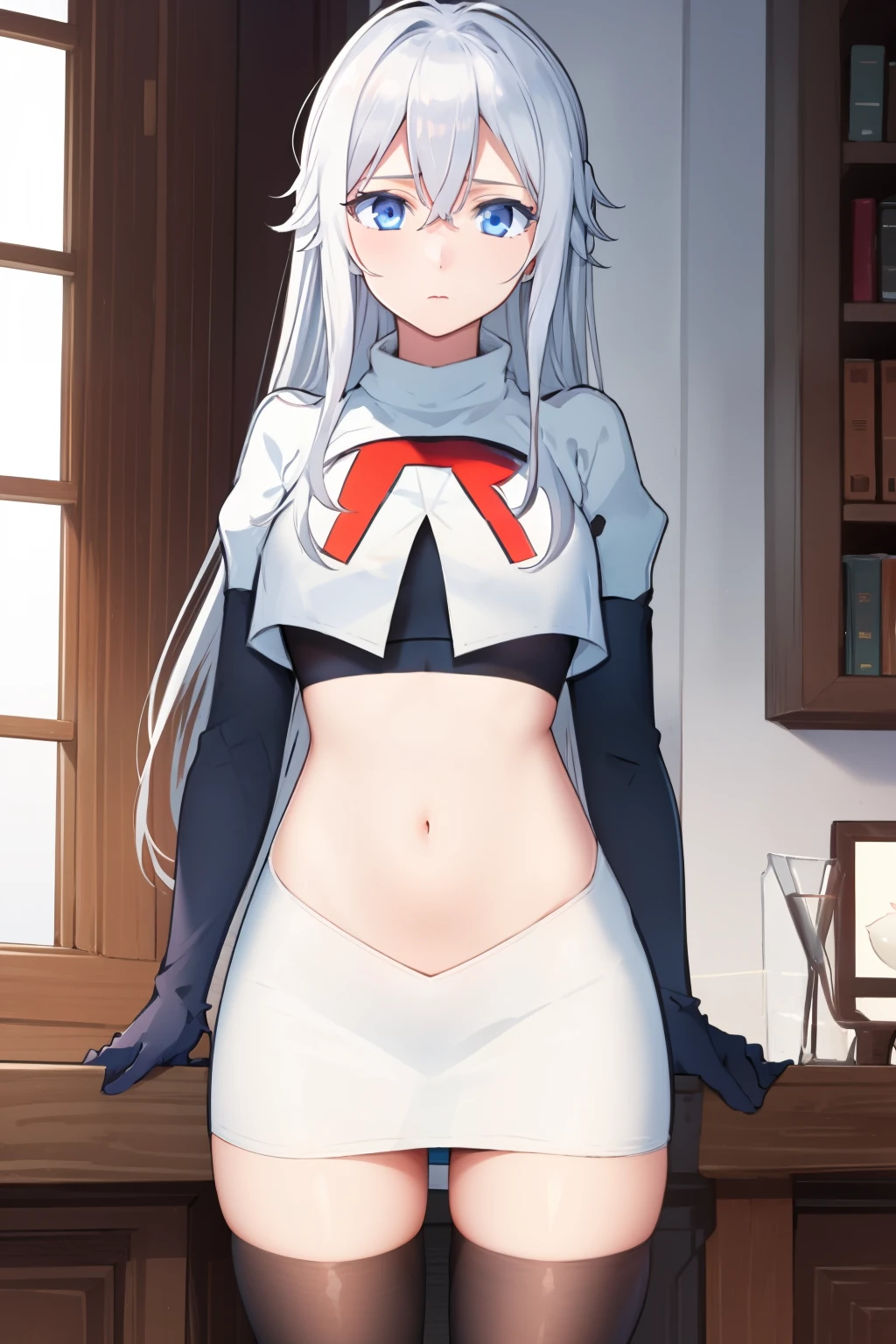 (masterpiece, best quality:1.2), 
1girl,Vladilena,lenaface, blue eyes, breasts, looking at viewer, white hair,medium breasts, antenna hair, hair between eyes,  looking at viewer, ahoge, expressionless, bangs, white hair,
team rocket,team rocket uniform, red letter R, white skirt,white crop top,black thigh-highs,black elbow gloves
