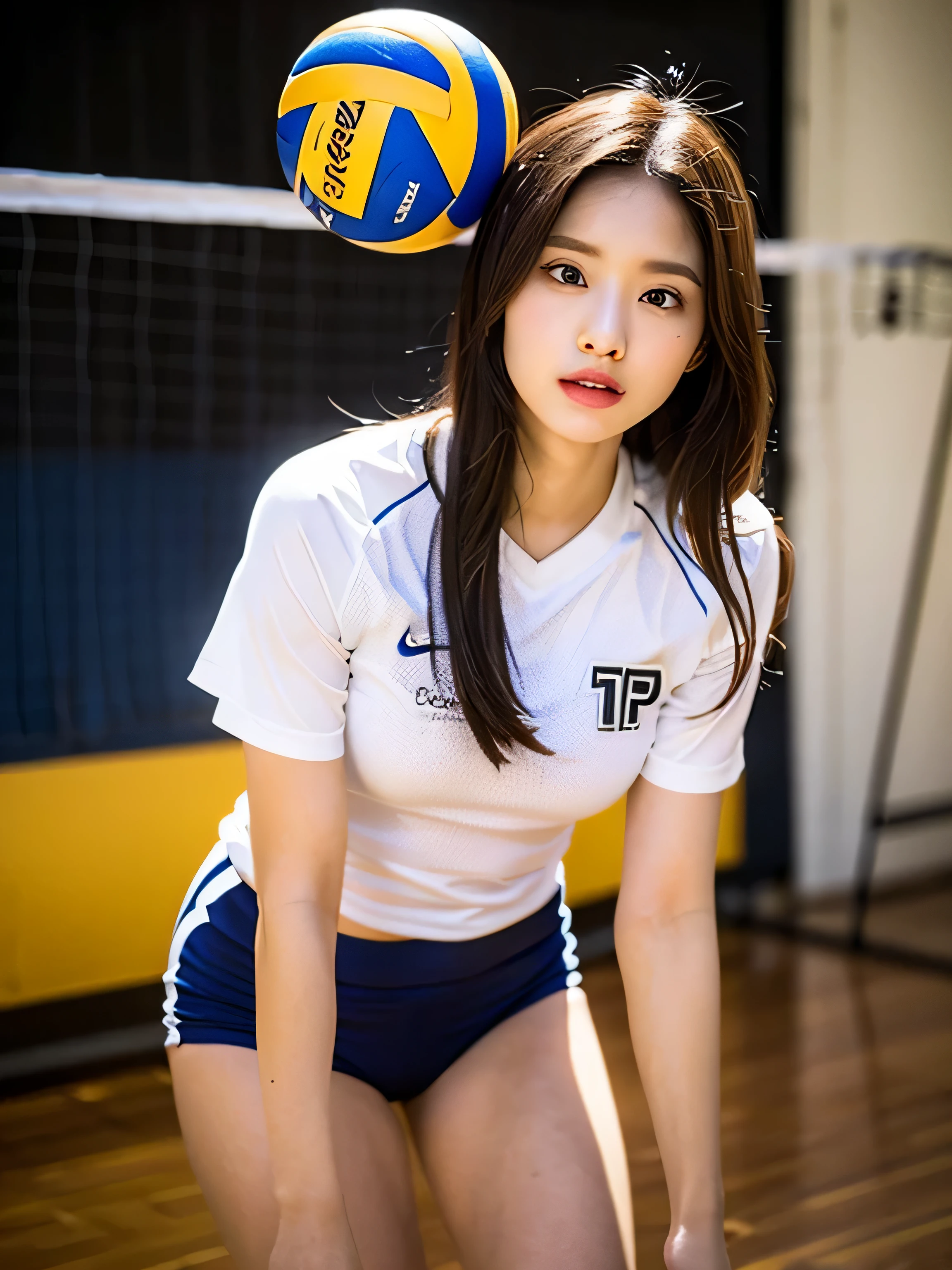 (Photoreal: 1.4), (超realistic: 1.4), (realistic: 1.3), (smooth lighting: 1.05), (Improved cinematic lighting: 0.9), 32K, 1 girl, 20 year old girl, realistic lighting, Backlight, face light, ray tracing, (whitening light: 1.2), (Image Correction: 1.4), ( top quality real skin: 1.4), narrow eyes, detailed face, narrow eyes, (Improve the atmosphere of the body line: 1.1), oversized breasts, big, (Skin texture improves beauty: 1.1),volleyball uniform:1.4, indoor_volleyball_court_background:1.4, thighs thighs, stuck out , share