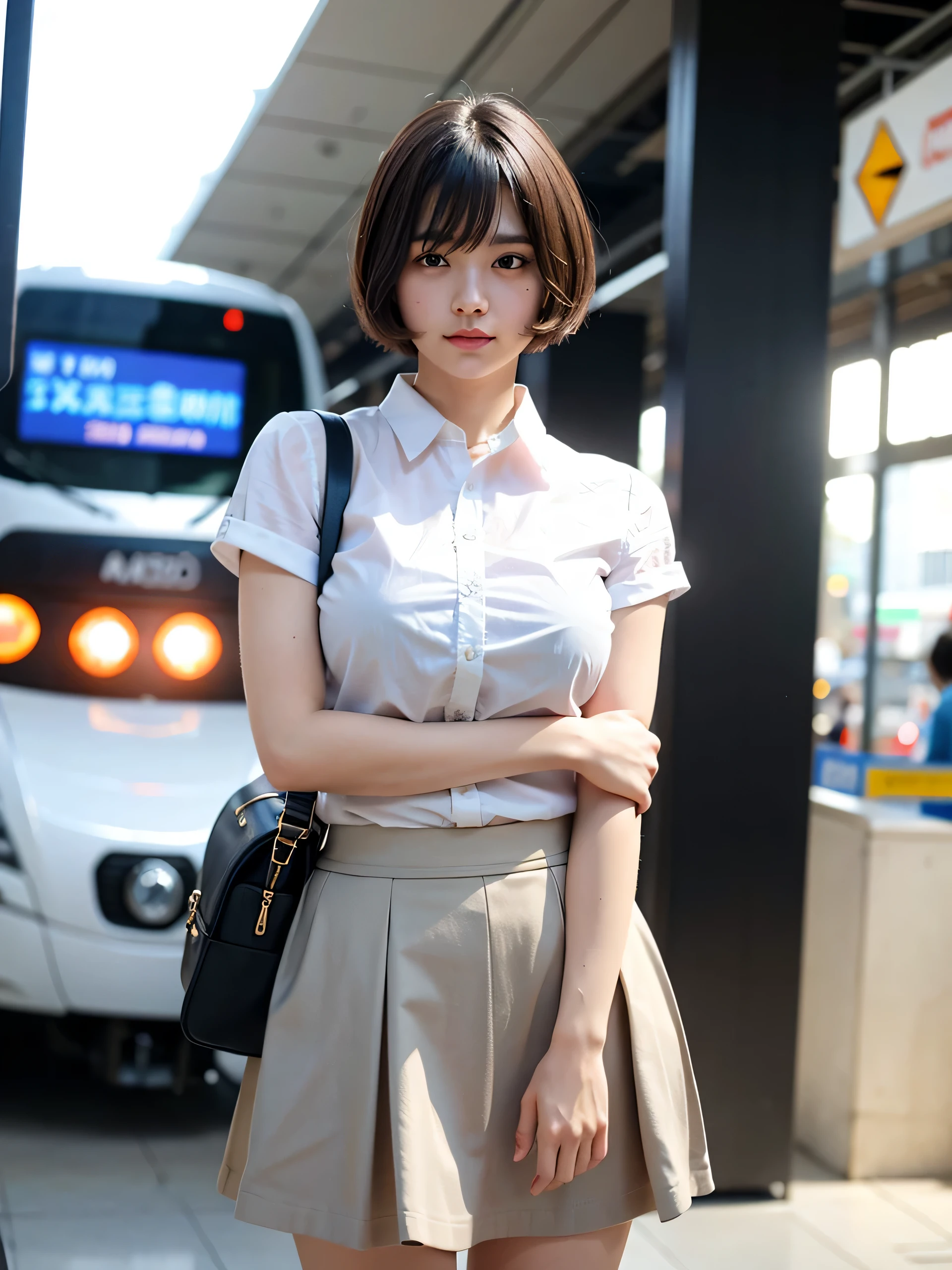 masterpiece, highest quality, RAW photo, 8k, 1 girl, Fine and beautiful skin, Backlight, soft light, shy, embarrassing, luminescent, look away, anatomically correct, short hair, bangs, Eye and face details, rough skin, professional photography, Bokeh, portrait, professional lighting, alone, smile, cute, Girly, film grain, dress shirt, skirt, station,