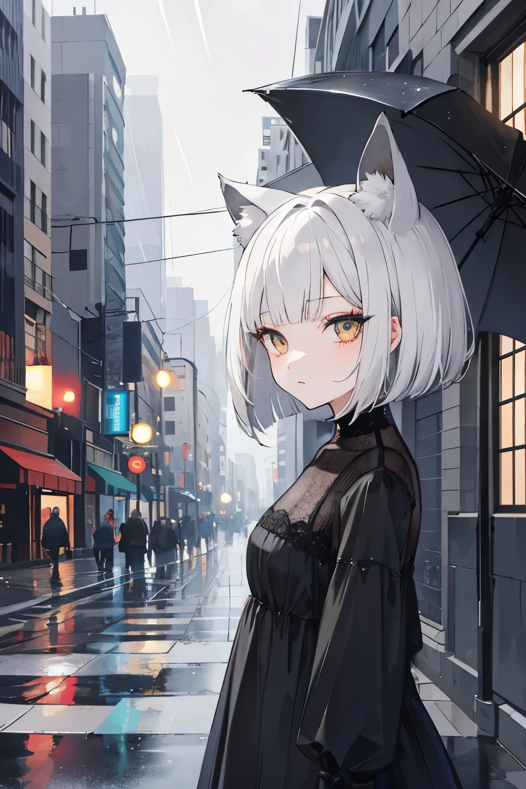 1 gray hair girl,bob cut,black kemomimi,City of night,rain,black dress