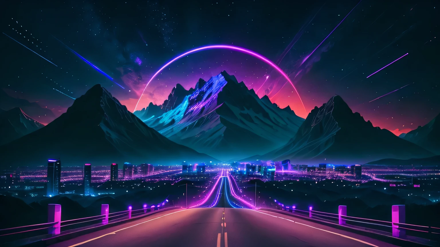 retro wave, road, city, purple and blue neon lights, sun, mountain, night sky, girl
(masterpiece, ultra detailed, high resolution)