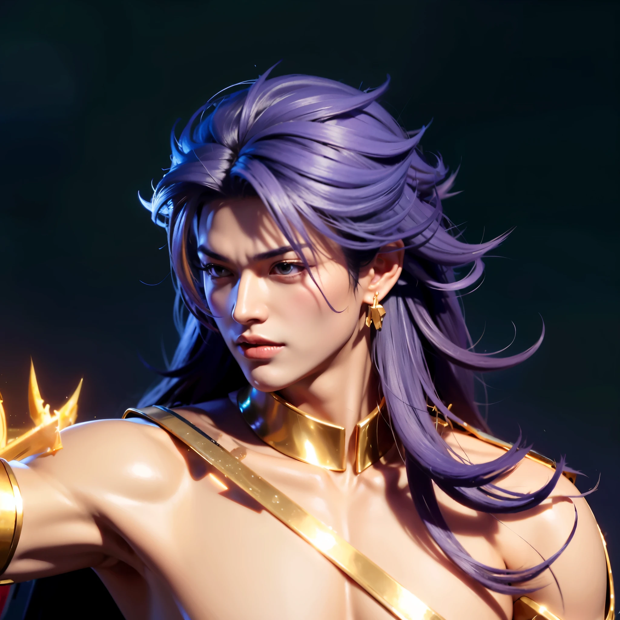 (masterpiece),((ultra-detailed)), (highly detailed CG illustration),(expressionless), (best quality:1.2),Number 1 handsome guy in the world, handsome Asian guy,bright, solo, long hair, simple background, gloves, 1boy, hair between eyes, jewelry, yellow eyes, purple hair, multicolored hair, male focus, earrings, boots, pants, fingerless gloves, tattoo, arm tattoo, armor, long sleeves, coat, bare shoulders, shoes, blue footwear, realistic, (normal background), holding sword, holding weapon, weapon, sword,The shirt between the chest and abdomen was torn, and the clothes were torn,Big muscles and firm 6-pack abs,wielding a sword and spear of golden lightning light,Adult (male) body details,Asian male eyes, masculine eyes, handsome face detailen),masculine face ,Detail of male eyes