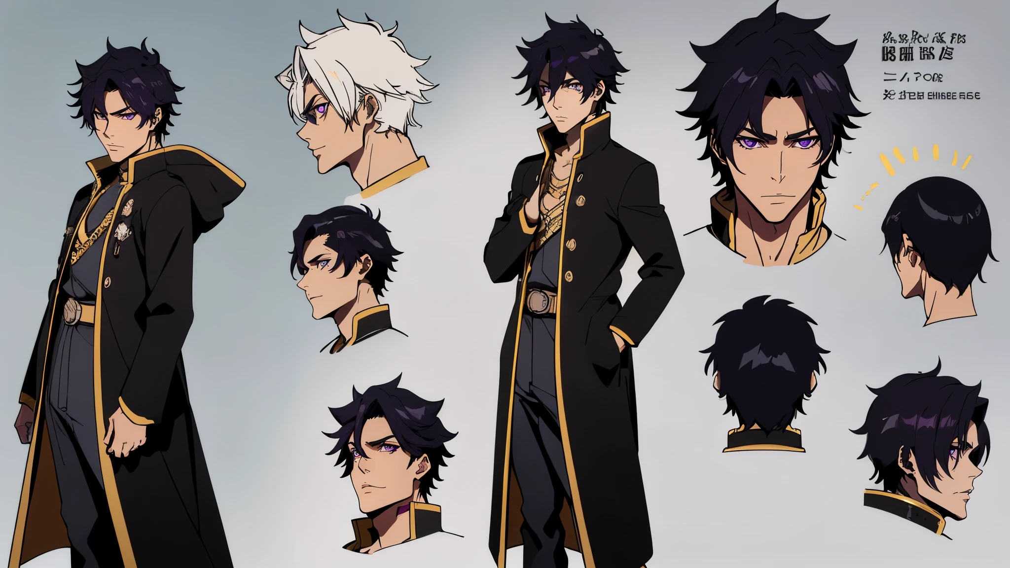 21 year old, boy, male, (((slightly awkward shy gaze))) black coat, detailed character sheet, frontal view, side view, three quarter view, purple eyes, black hair, yellow and black outfit, castle knight outfit