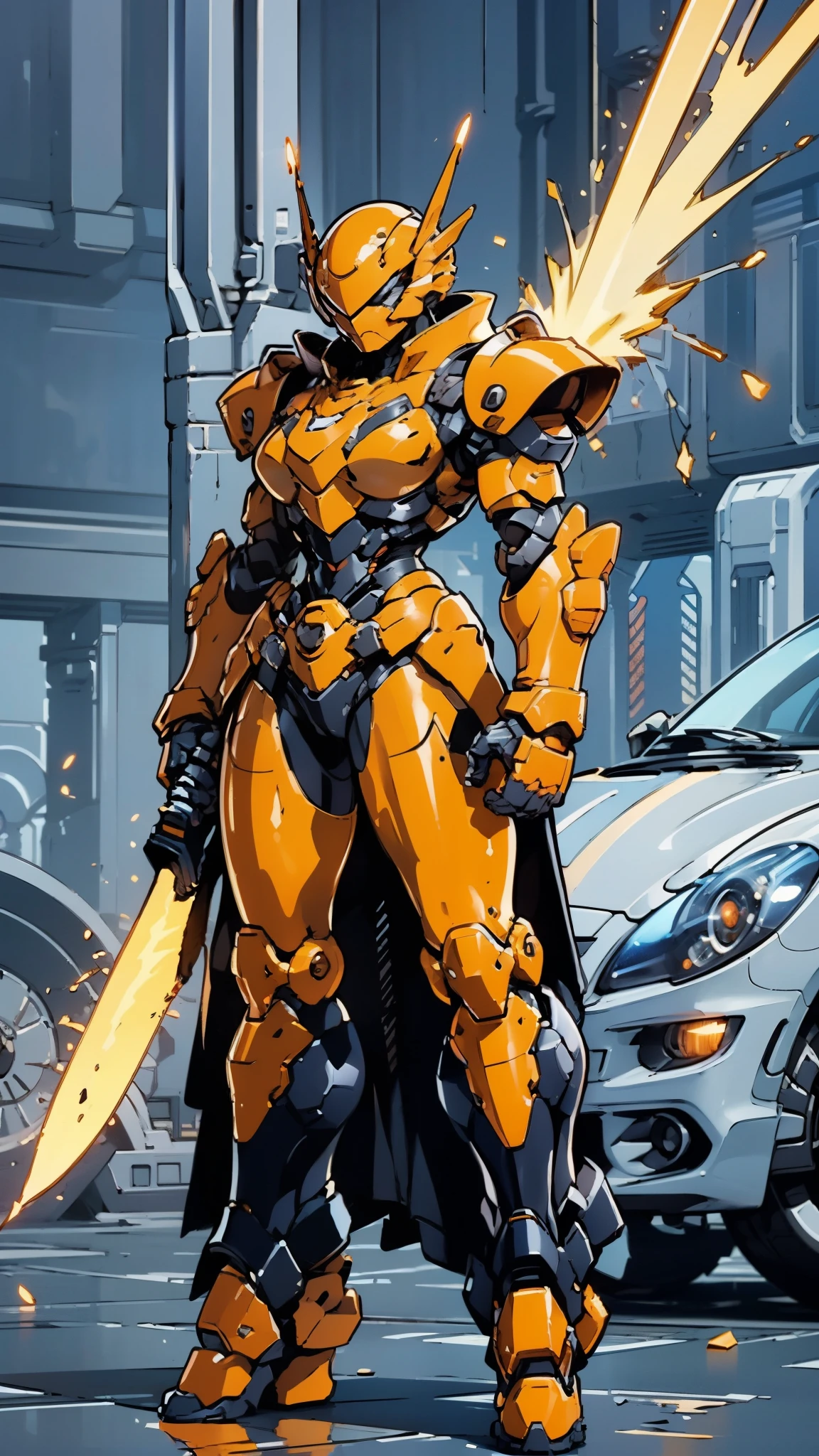 A woman adorned in fantasy-style full-body armor, a crown-concept fully enclosed helmet that unveils only her eyes, a composite layered chest plate, fully encompassing shoulder and hand guards, a lightweight waist armor, form-fitting shin guards, the overall design is heavy-duty yet flexible, ((the armor gleams with a golden glow, complemented by red and blue accents)), exhibiting a noble aura, she floats above a fantasy-surreal high-tech city, this character embodies a finely crafted fantasy-surreal style armored hero in anime style, exquisite and mature manga art style, (Queen bee mixed with Spider concept Armor, plasma, blood), ((Element, energy, elegant, goddess, femminine:1.5)), metallic, high definition, best quality, highres, ultra-detailed, ultra-fine painting, extremely delicate, professional, anatomically correct, symmetrical face, extremely detailed eyes and face, high quality eyes, creativity, RAW photo, UHD, 32k, Natural light, cinematic lighting, masterpiece-anatomy-perfect, masterpiece:1.5